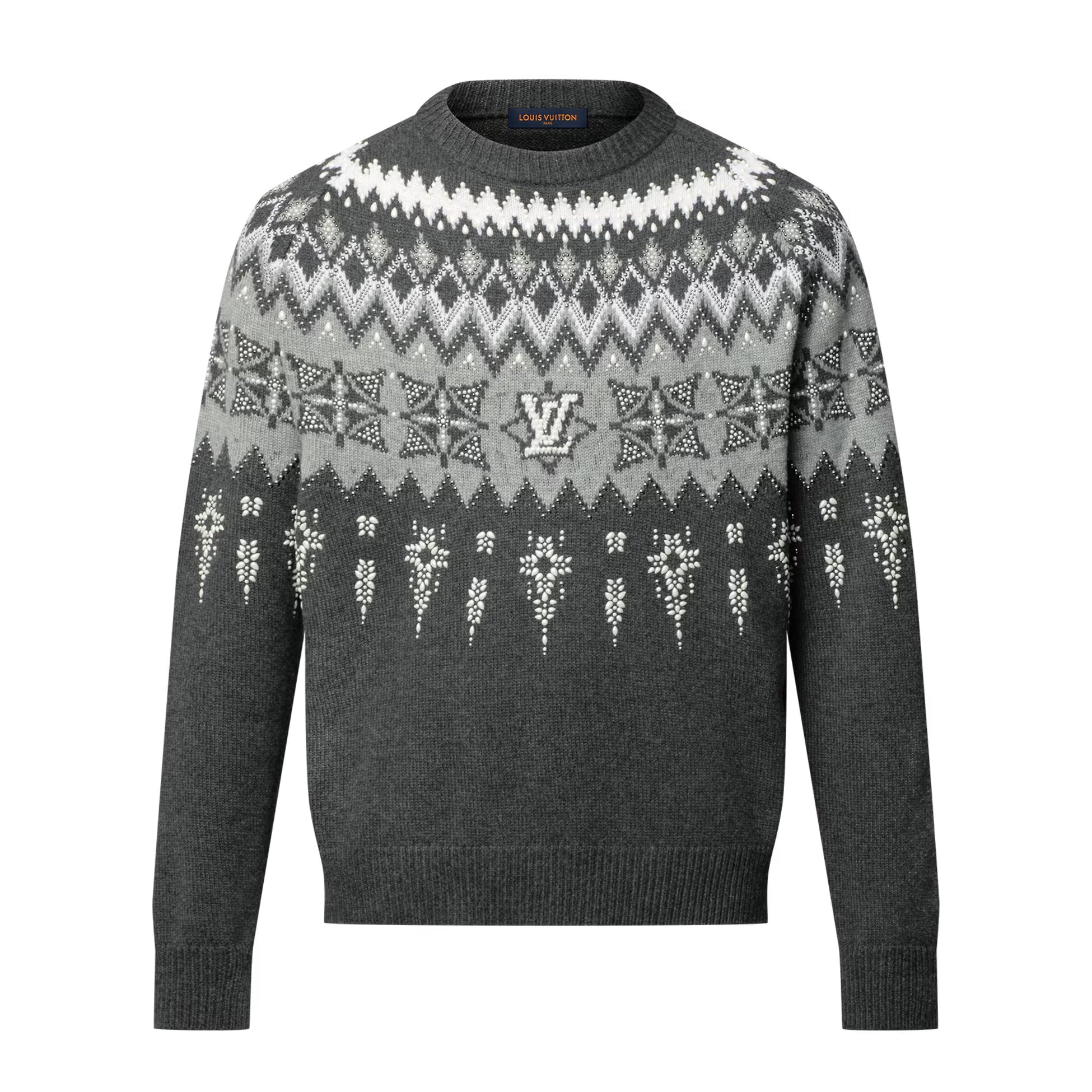 Louis Vuitton Men's Spring & Autumn Crew Neck Gray & White Embellished Cotton Wool Knit Sweater #74322