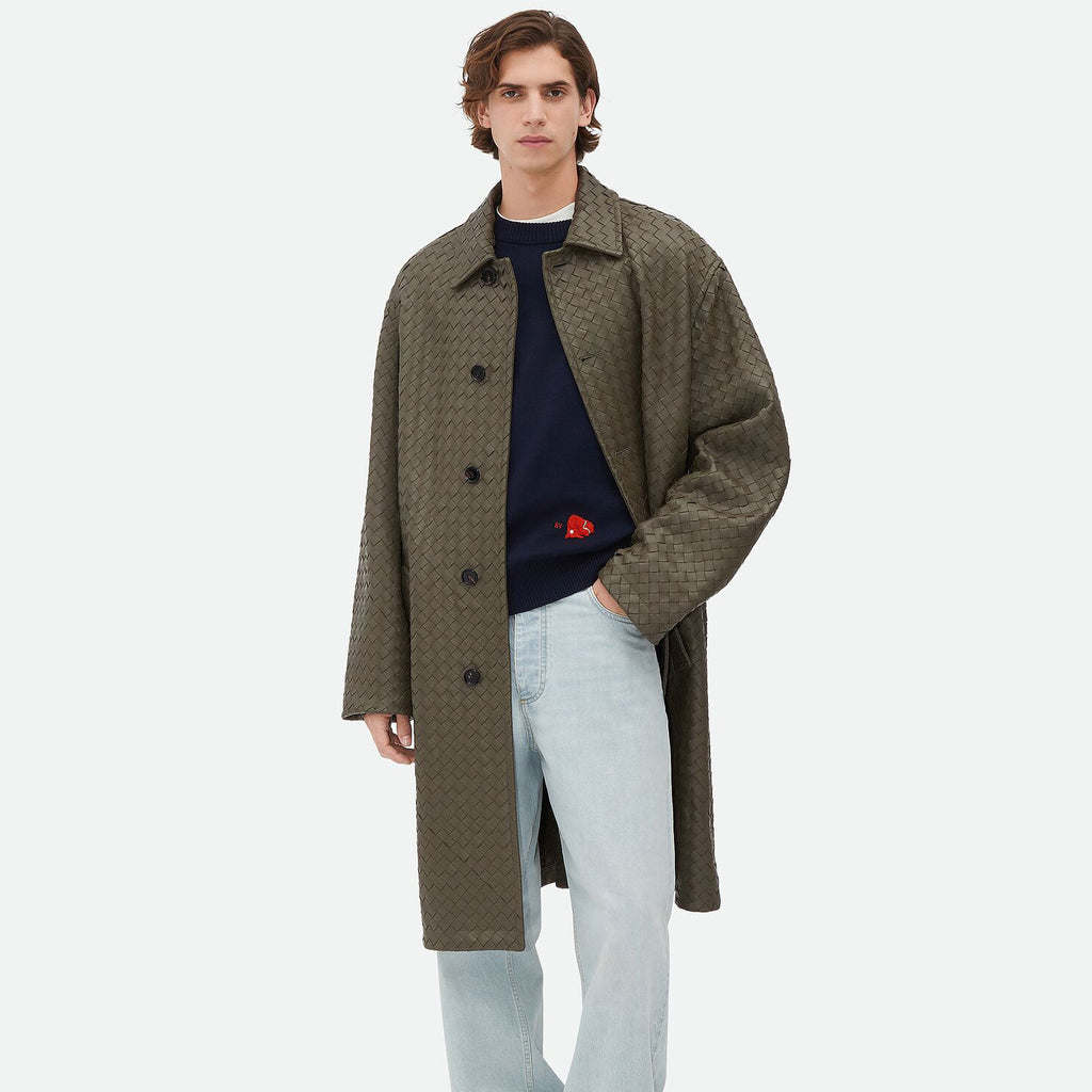 Bottega Veneta Men's And Women's  Spring/Fall Fashion Casual Leather Hand Woven Collar Single Breasted Mid-Length Trench Coat Jacket #78931