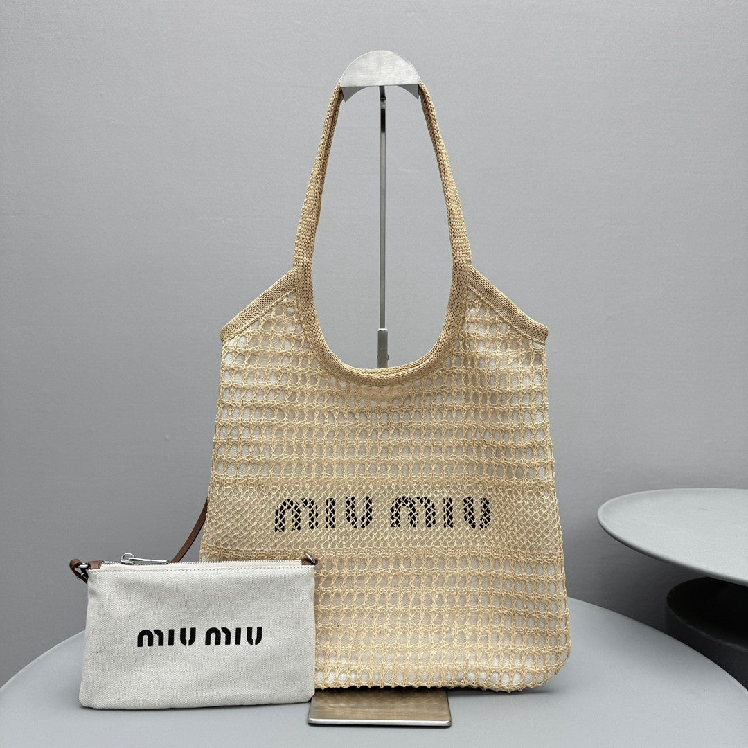 MiuMiu IVY Raffia Women's Solid Color Linen Woven Mesh Letter Print Shopping Bag Shoulder Bags #77355
