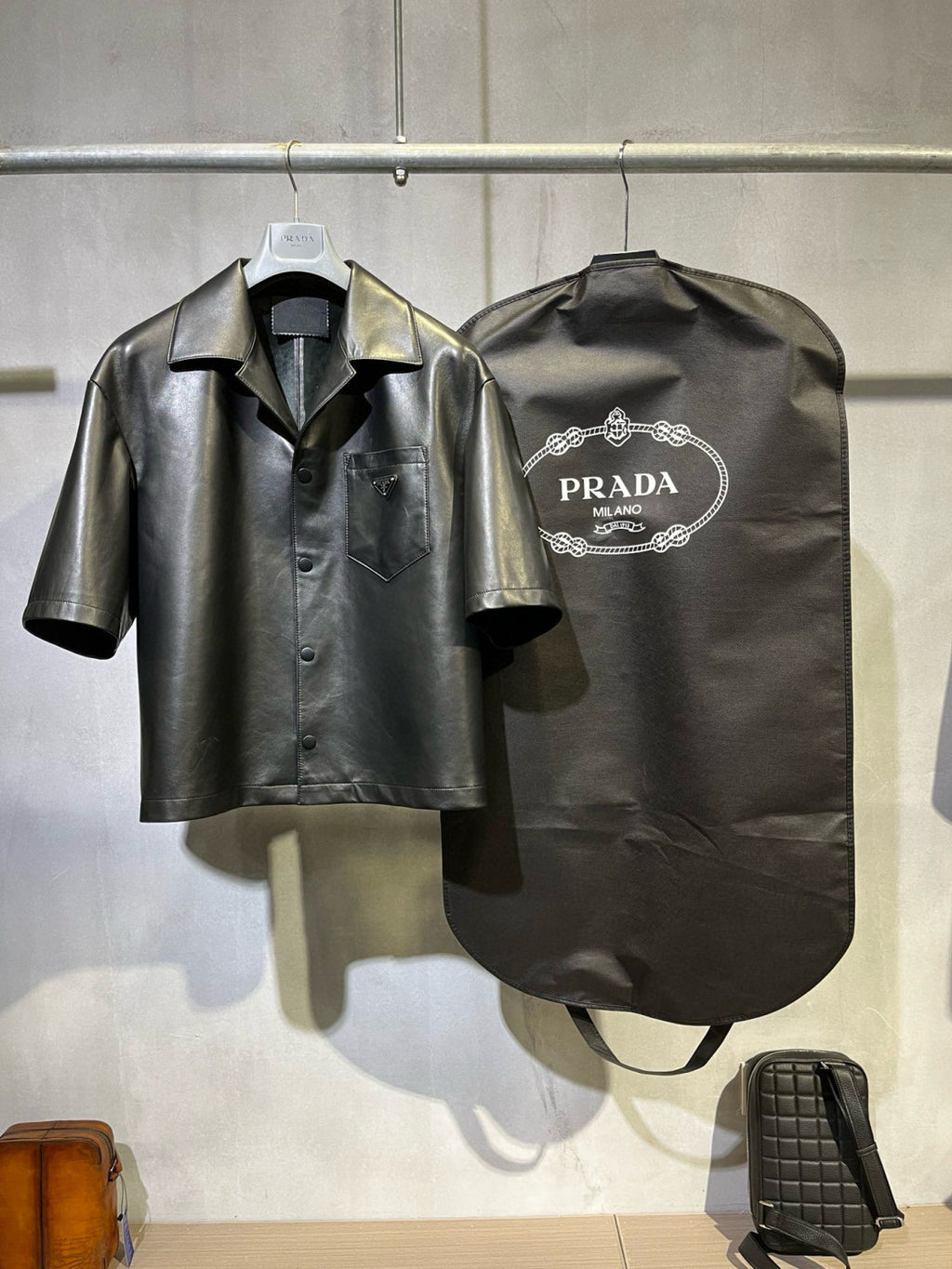 Prada Men's Summer Solid Color Leather Single Breasted Short Sleeve Shirt Stretch Shorts Set Suit #98895