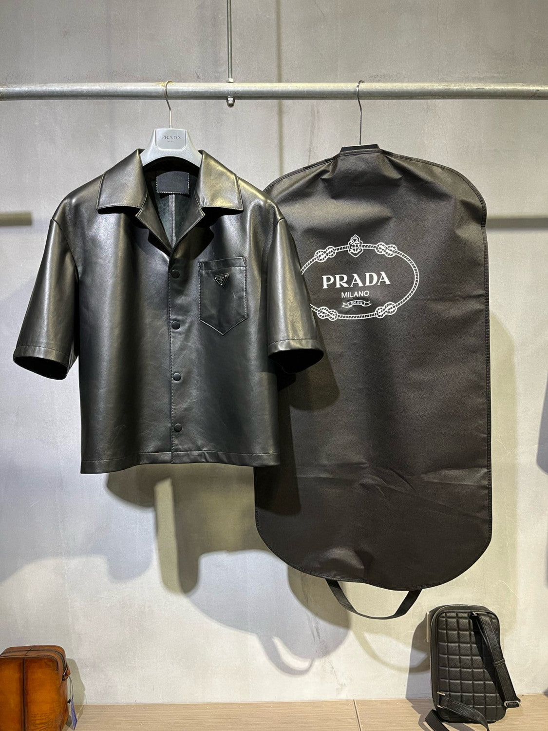 Prada Men's Summer Solid Color Leather Single Breasted Short Sleeve Shirt Stretch Shorts Set Suit #98895