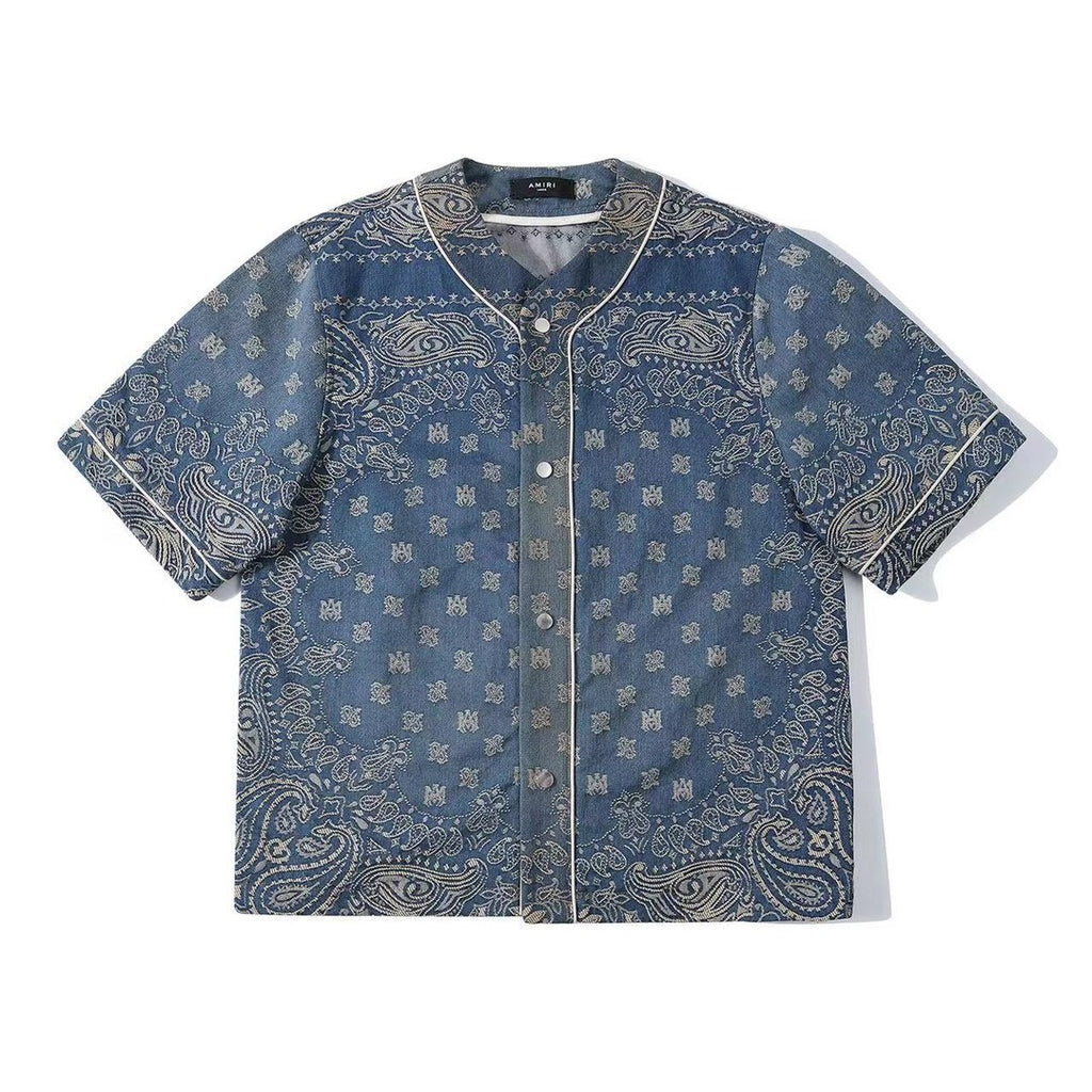 Amiri Men's Denim Jacquard Solid Color Single-Breasted Loose Summer Short Sleeve Shirt Ngvp #1425