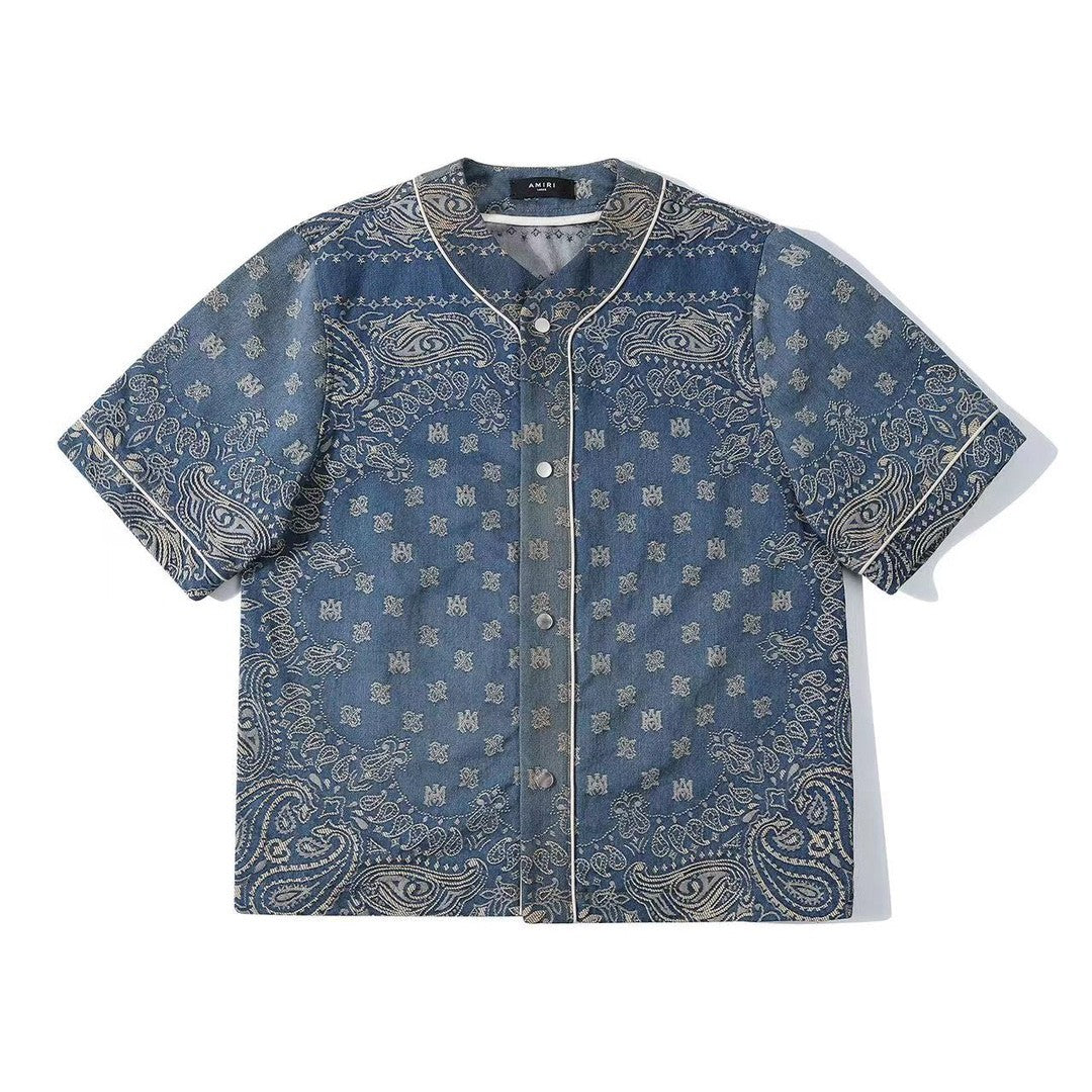 Amiri Men's Denim Jacquard Solid Color Single-Breasted Loose Summer Short Sleeve Shirt Ngvp #1425