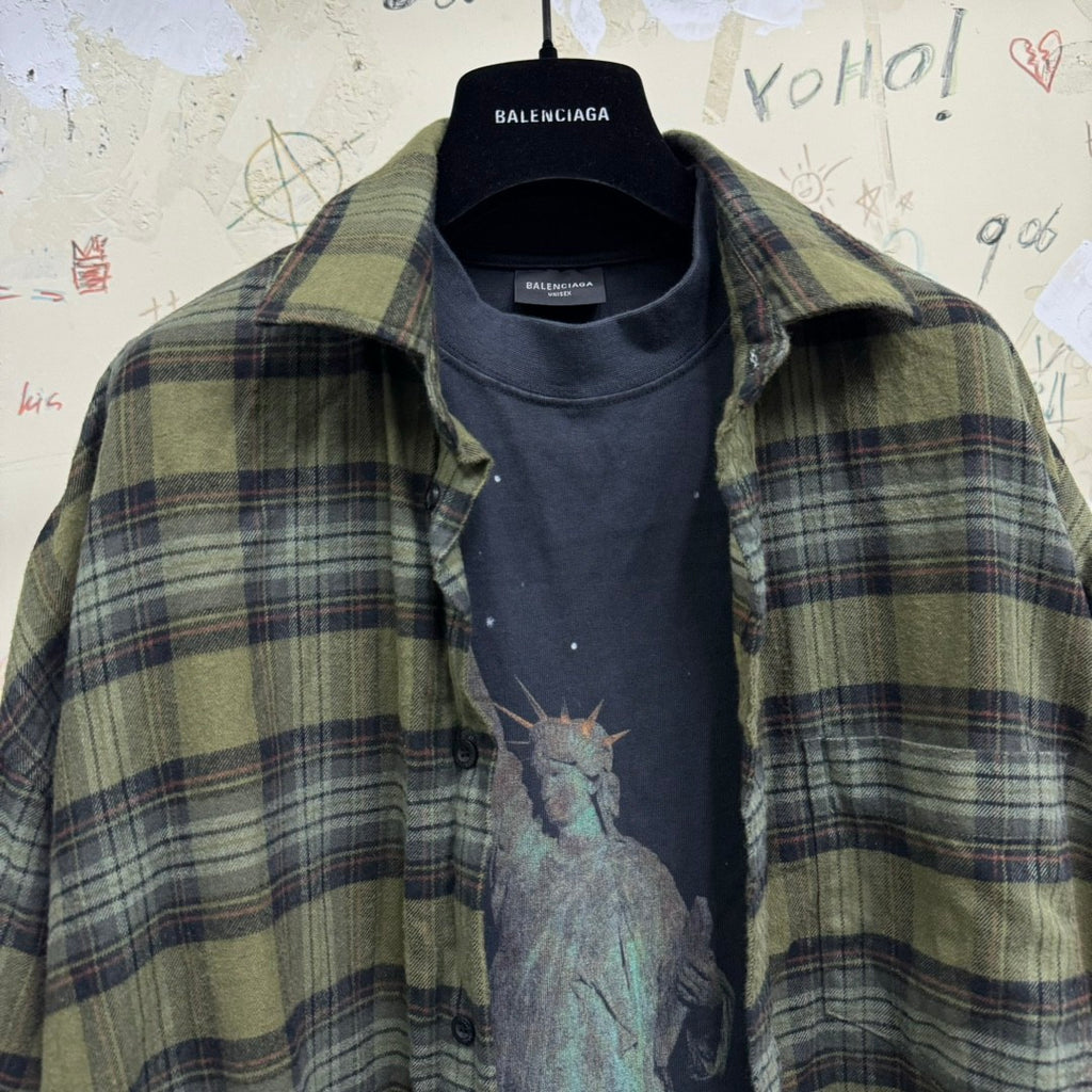 Balenciaga Men's Spring And Autumn Checkered Lapel Aged Cotton PARIS LIBERTY Loose Long Sleeve Solid Layered Shirt #73368
