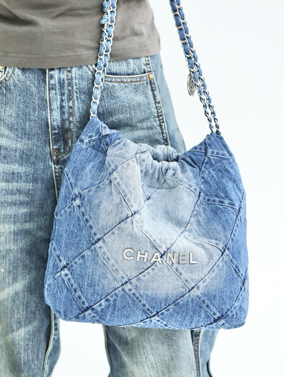 Chanel Women's Solid Colour Chain Shoulder Strap Denim Shoulder Tote Shopper Bags Bag #76858