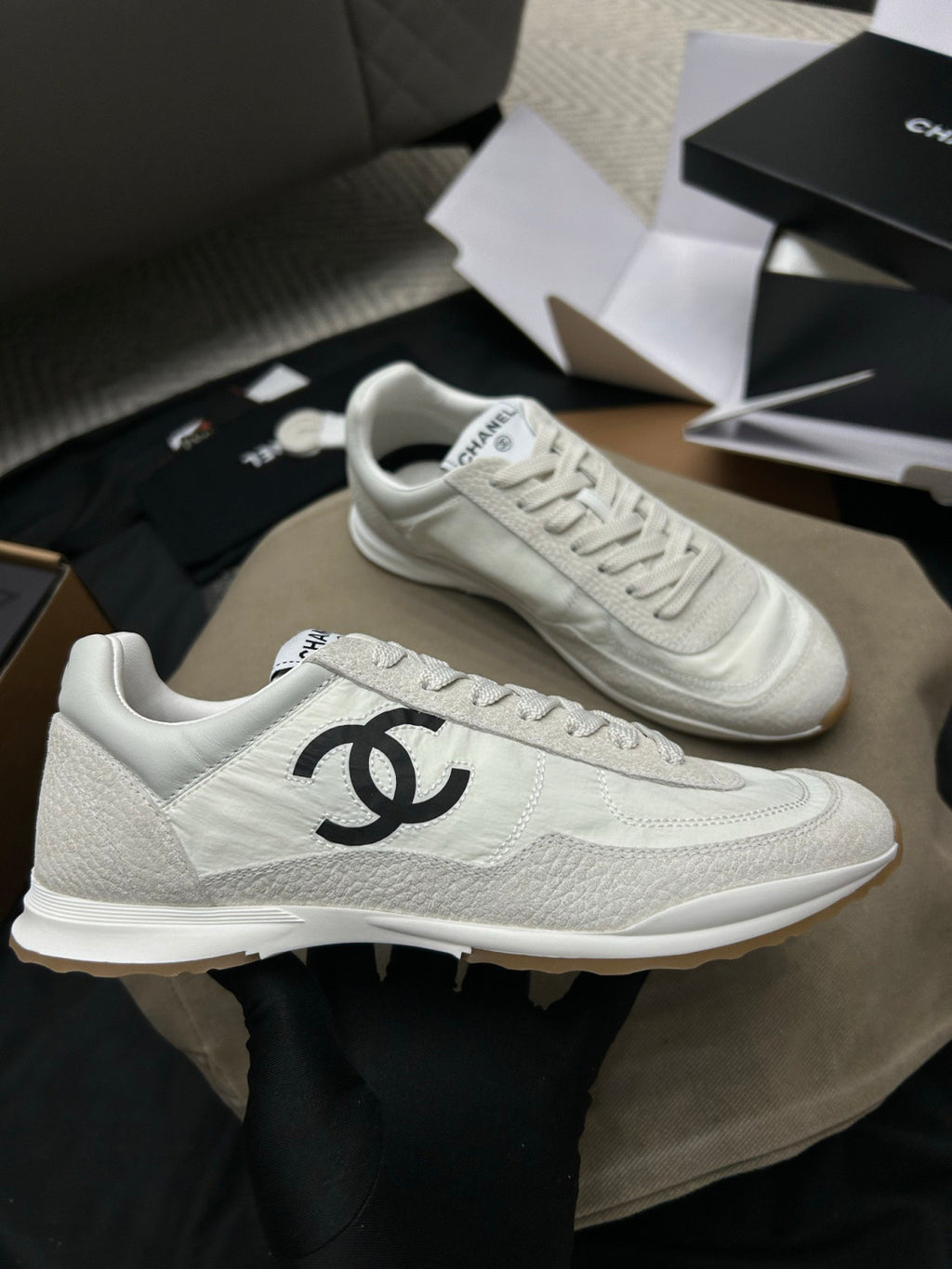 Chanel Sneakers Fabric Embossed Suede Calfskin White Black #379143