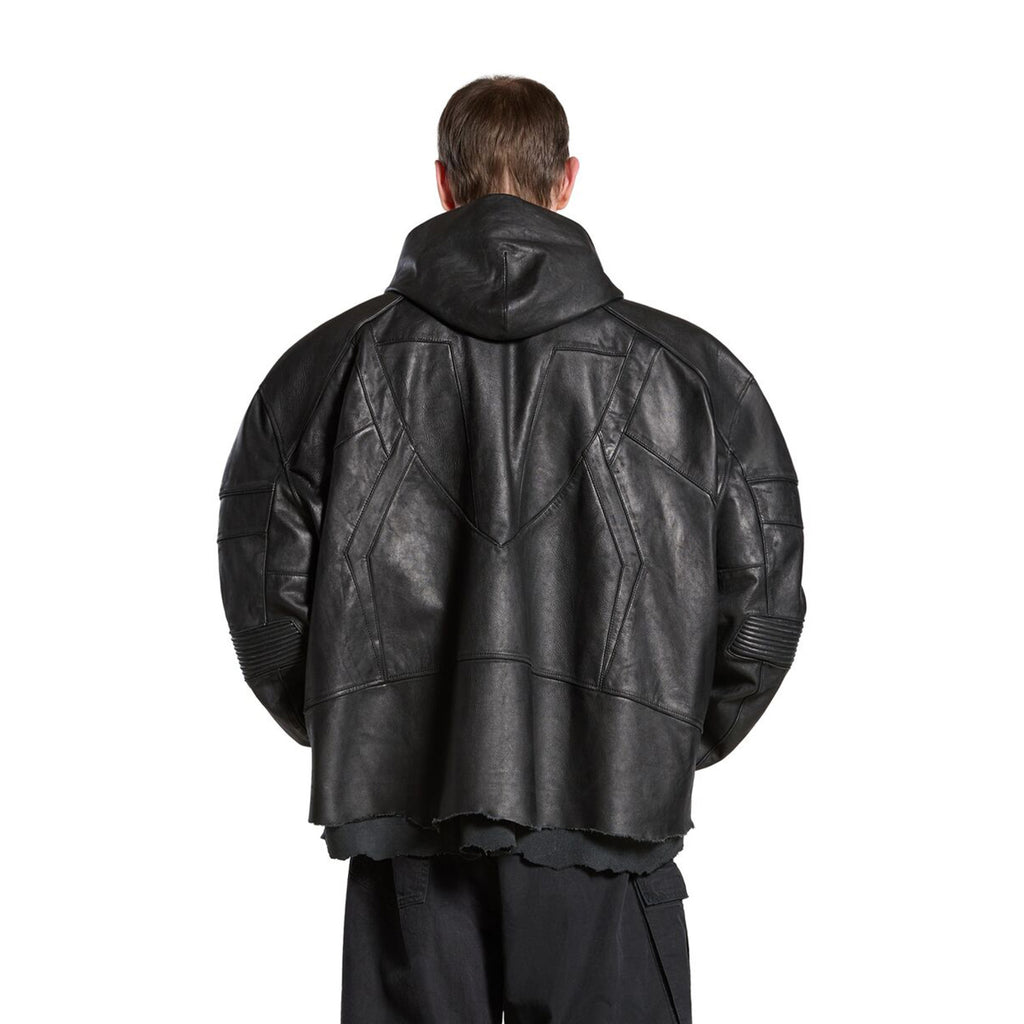 Balenciaga Men's Women's Autumn And Winter High Street Solid Color Cowhide Zipper Long Sleeve Loose BIKER Hooded Jacket Ngvp #8578