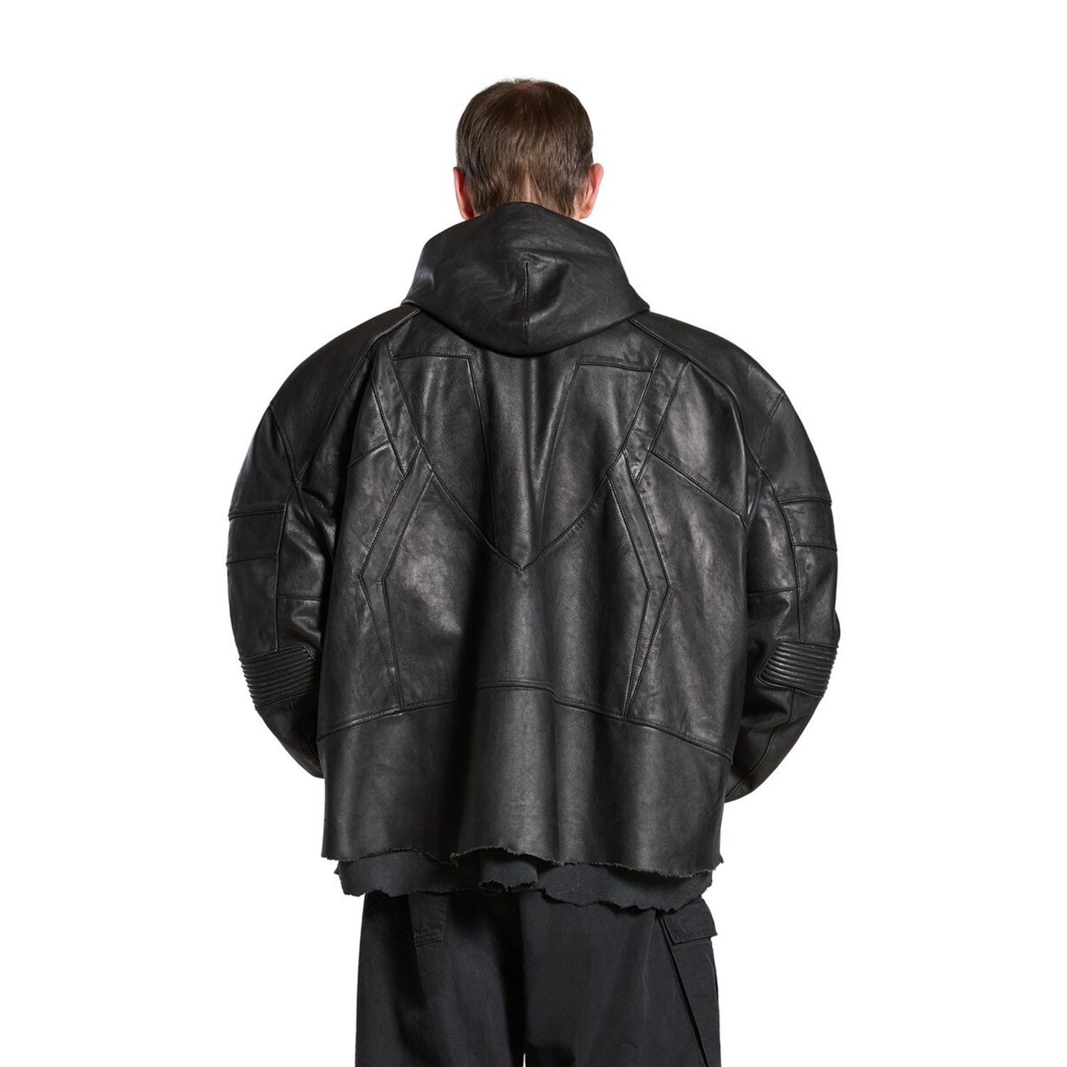 Balenciaga Men's Women's Autumn And Winter High Street Solid Color Cowhide Zipper Long Sleeve Loose BIKER Hooded Jacket Ngvp #8578