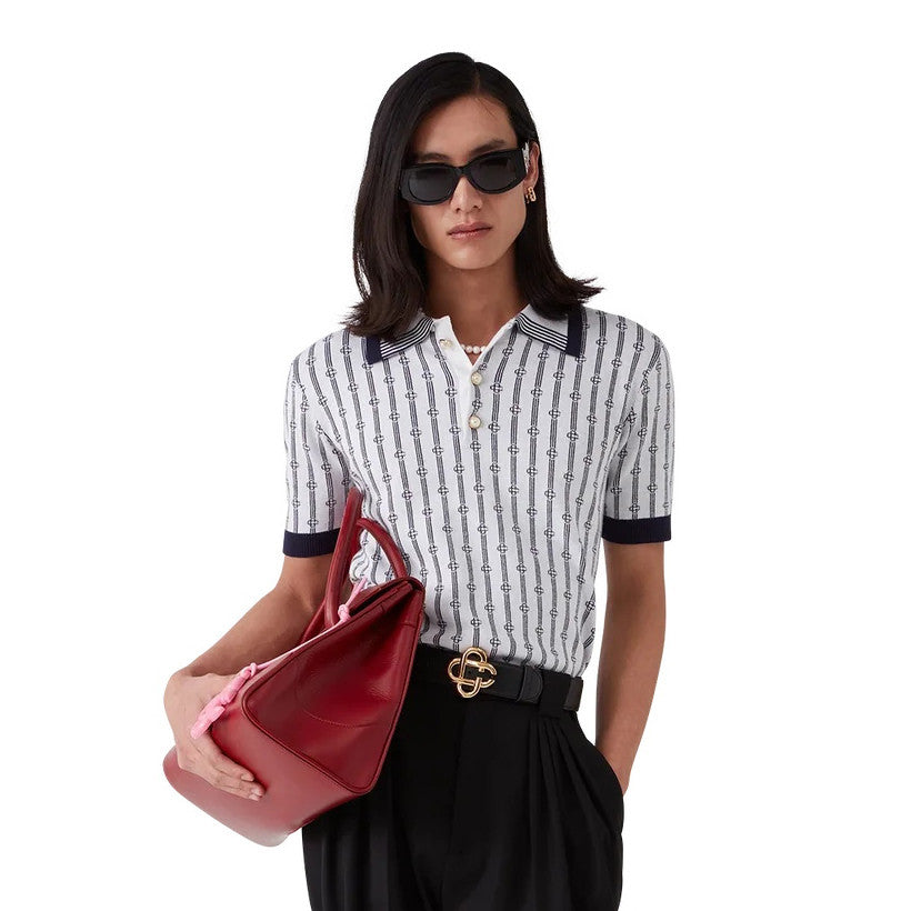 Casablanca Men's And Women's Summer Fashion Casual Collared Letter Combination Striped Knitted Polo Shirt Short Sleeved T-Shirt #78332