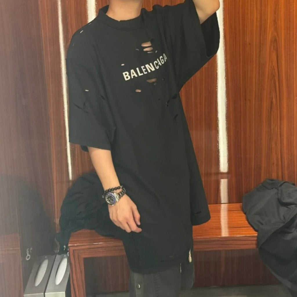 Balenciaga Men's Women's Summer Black Retro Torn High Street Large Silhouette Letter Logo Short Sleeve T Shirt #99292