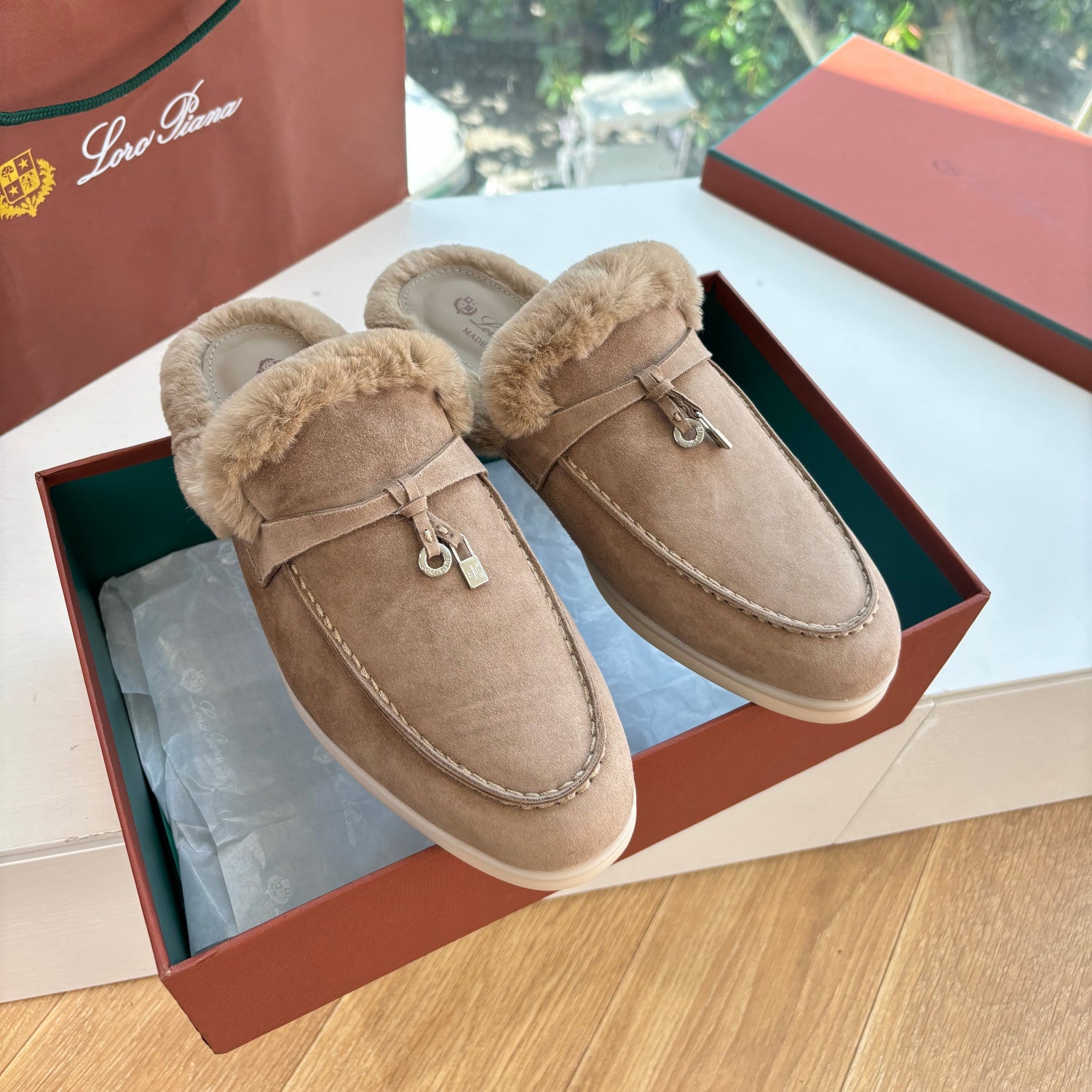 Loro Piana Women's Autumn/Winter Fashion Casual Suede Round Toe Flat Loafers With Exposed Heels Shoes #78312