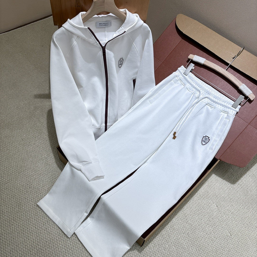 Brunello Cucinelli Men's And Women's Spring/fall Fashion Casual Solid Color Hooded Zipper Jacket With Logo Trim Solid Color Elastic Waist Casual Wide Leg Pants Pants Suit Set #79265