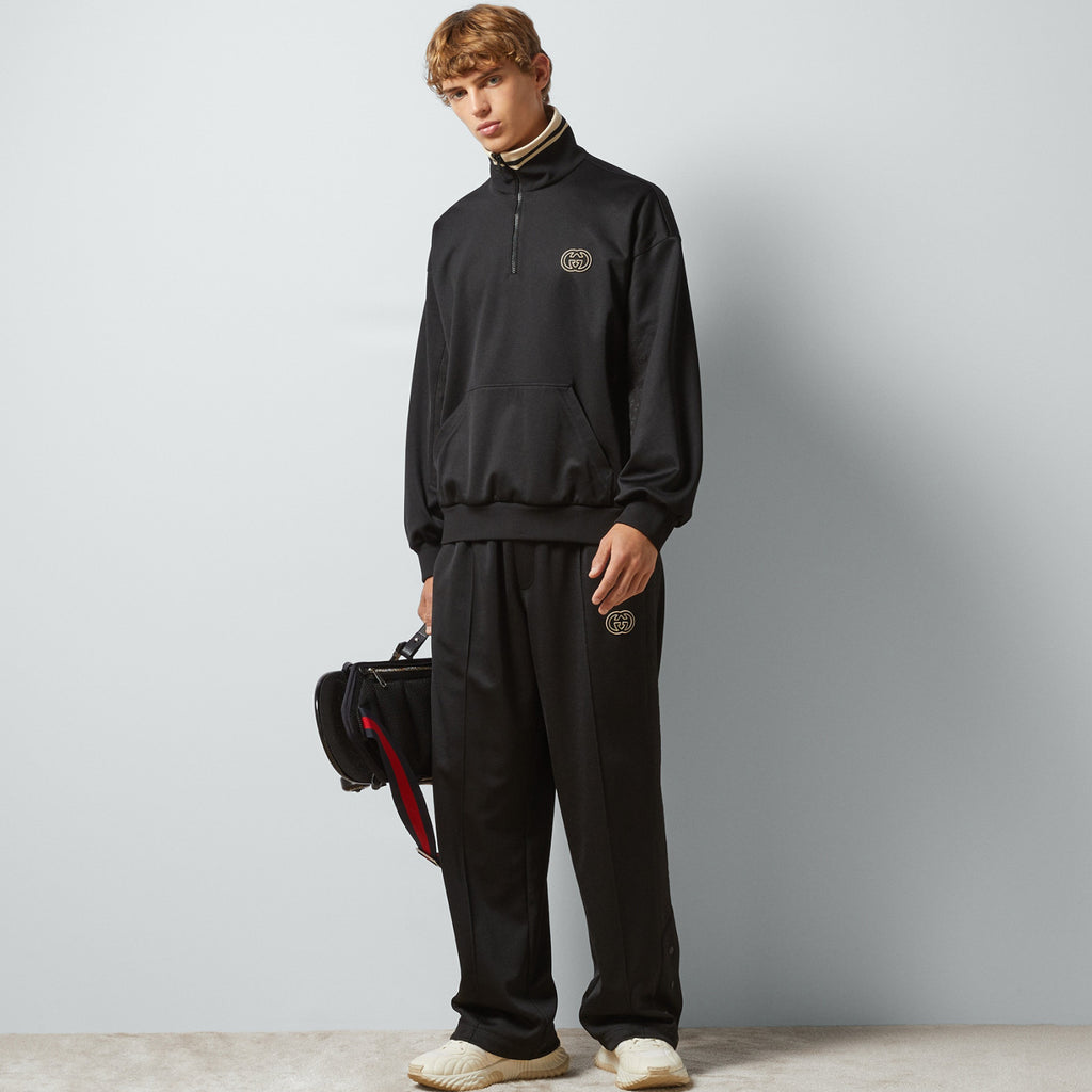 Gucci Men's Spring and Autumn Black Logo Embroidery Zipper Standing Collar Long Sleeve Jacket Elastic Knit Sweatpants Pants Suit Set #98786