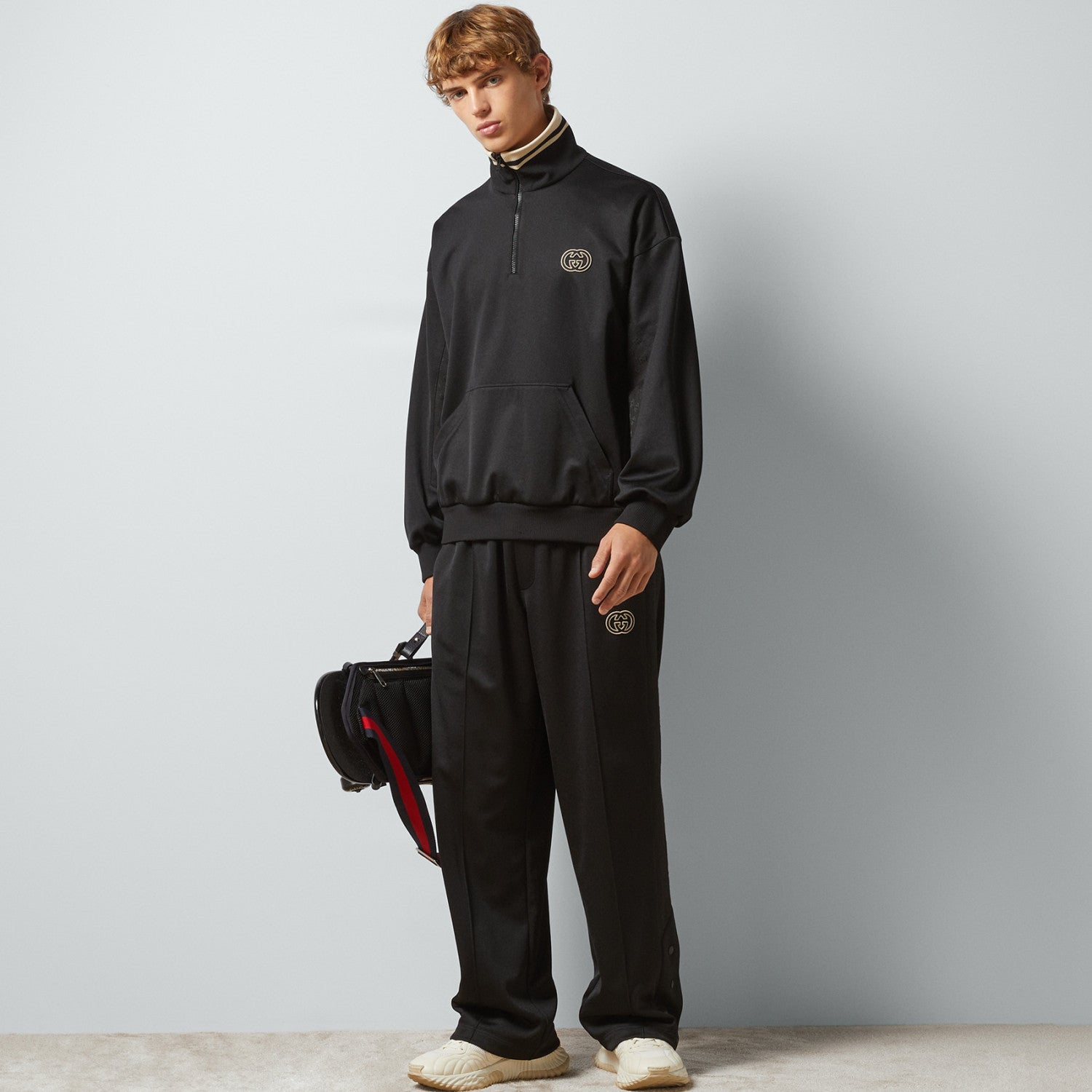 Gucci Men's Spring and Autumn Black Logo Embroidery Zipper Standing Collar Long Sleeve Jacket Elastic Knit Sweatpants Pants Suit Set #98786