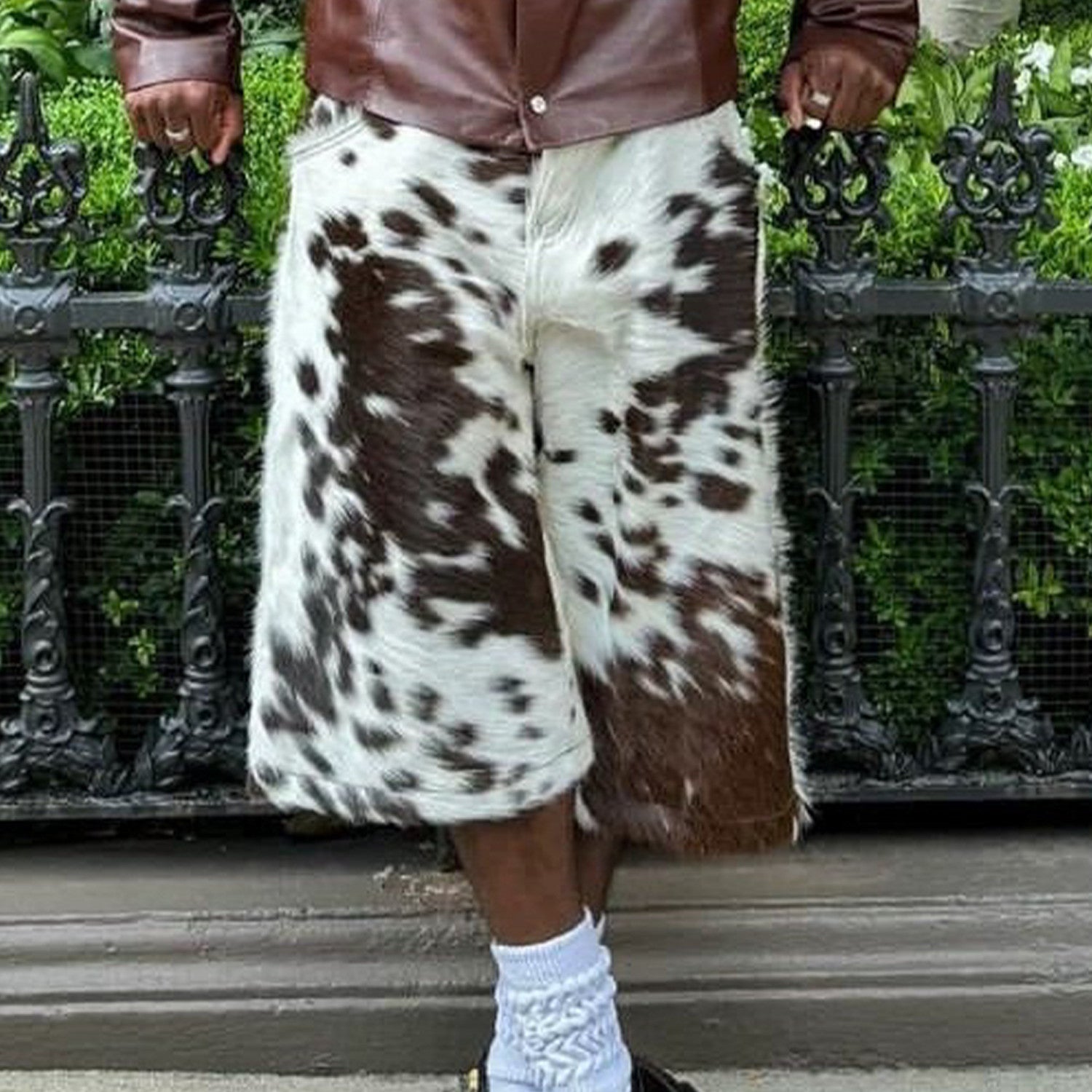 Self-branded Spring And Summer New 1of1 Leather Cow Fur Shorts High Street Trend Fashion Hip-hop Style Versatile Luxury Wide-legged Shorts Ngvp #1583