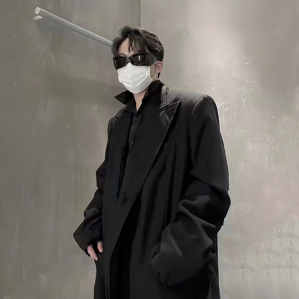 Balenciaga Men's Women's Spring And Autumn Doing Old Shoulder Pads Destroyed Loose Long Black Coat Jacket #7814