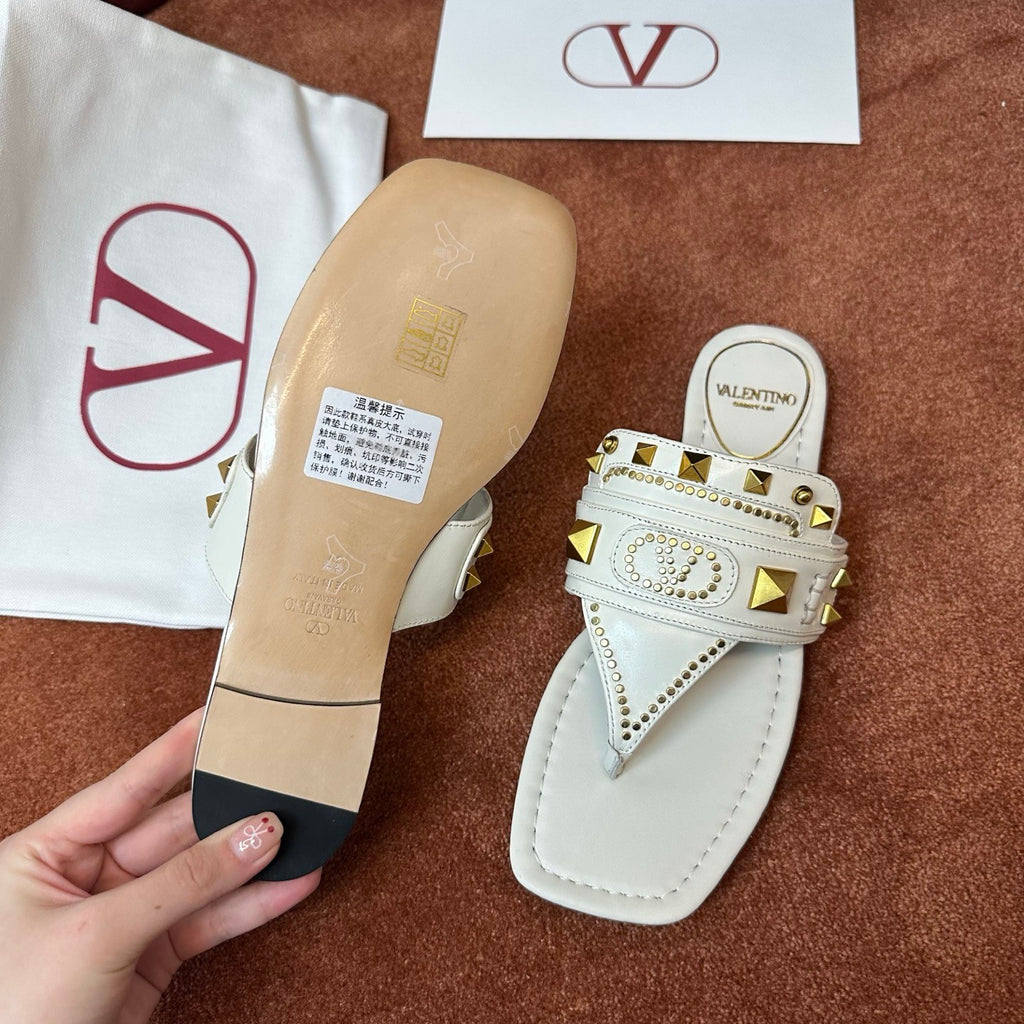 Valentino Women's Summer Solid Color Leather Studded Flat Toe Thong Sandals Slippers Shoes #76982