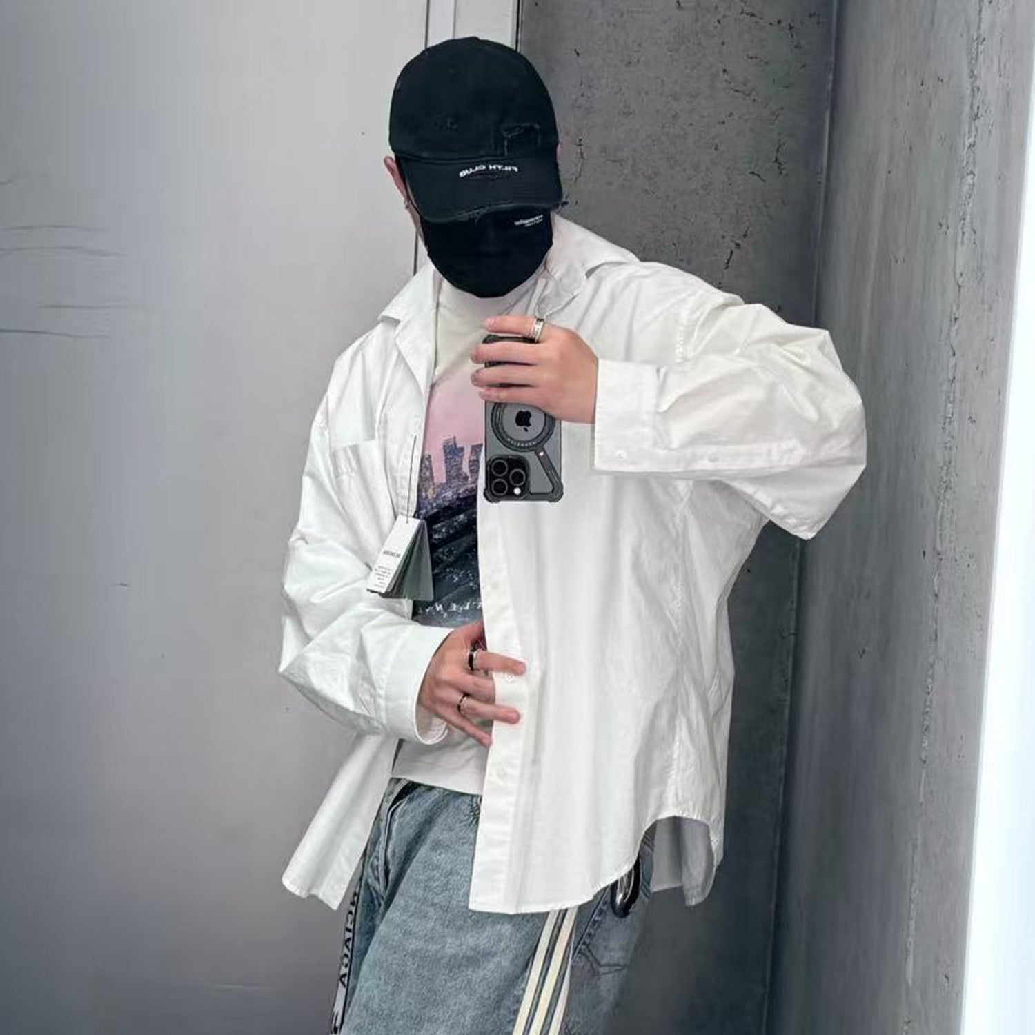 Balenciaga Men's Layered Shirt In White Spring And Fall High Street Trend Non-removable Two-piece Printed Graphic T-shirt Fashion Casual Shirt Ngvp #2422