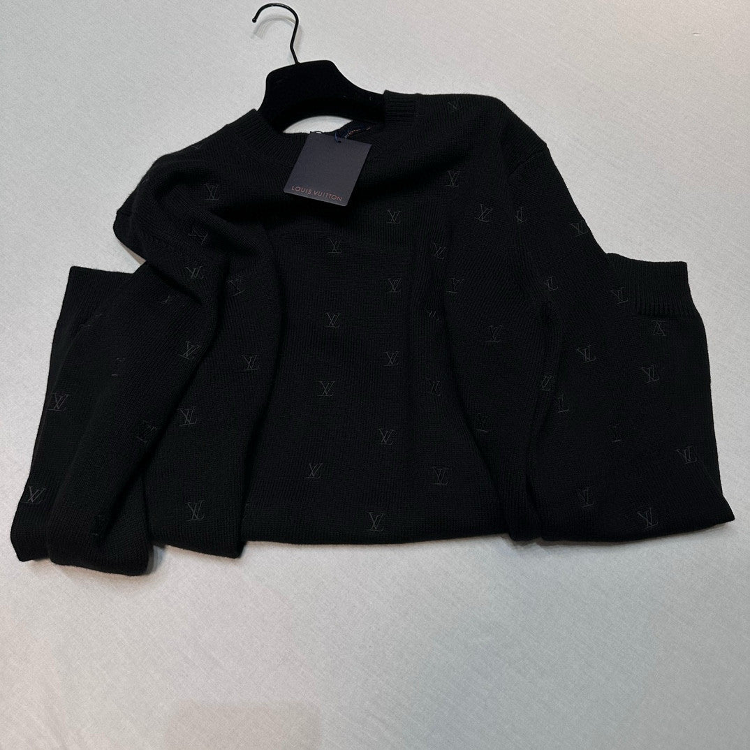 Louis Vuitton Men's Fall And Winter Black Long Sleeve Logo Embroidered Signature Merino Crewneck Sweater #98236
