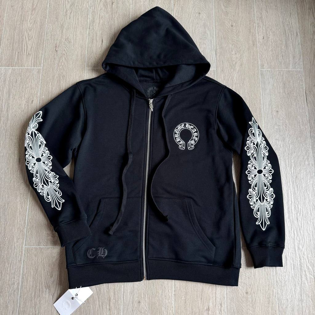 Chrome Hearts 925 Sterling Silver Hardware Classic Horseshoe Flower Arm Zipper Sweatshirt #333189