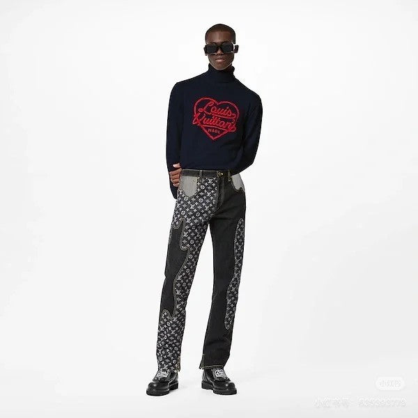 Louis Vuitton X 2 Collaboration Men's Spring And Summer Structural Splicing Monogram Flower Denim Pants Fashionable Casual Wide Leg Pants #71849