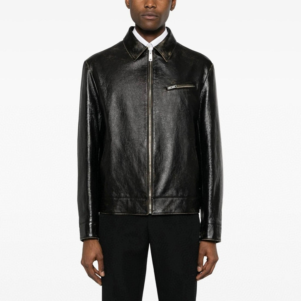 Prada Men's Autumn and Winter Solid Color Fit Lapel Zipper Long Sleeve Leather Jacket #73774
