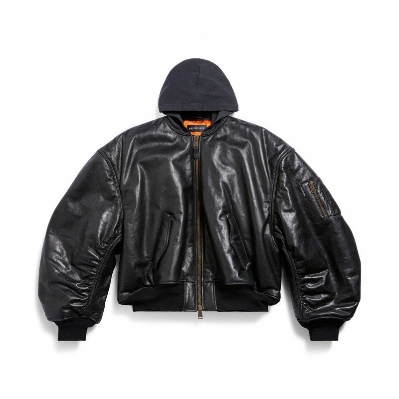 Balenciaga Men's Fall/Winter Black Letter Print Hooded Drop Shoulder Long Sleeve Zipper Leather Jacket #72777