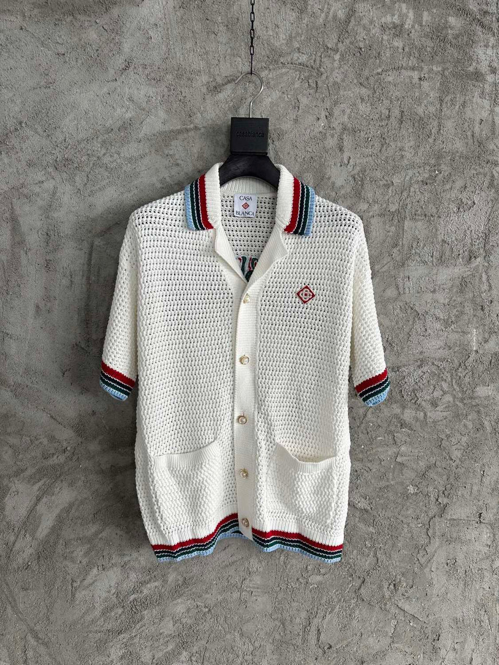 Casablanca Men's Summer Solid Color Skeleton Knit Breathable Single Breasted Short Sleeved Shirt Drawstring Tie Casual Knit Shorts Suit Set #76351