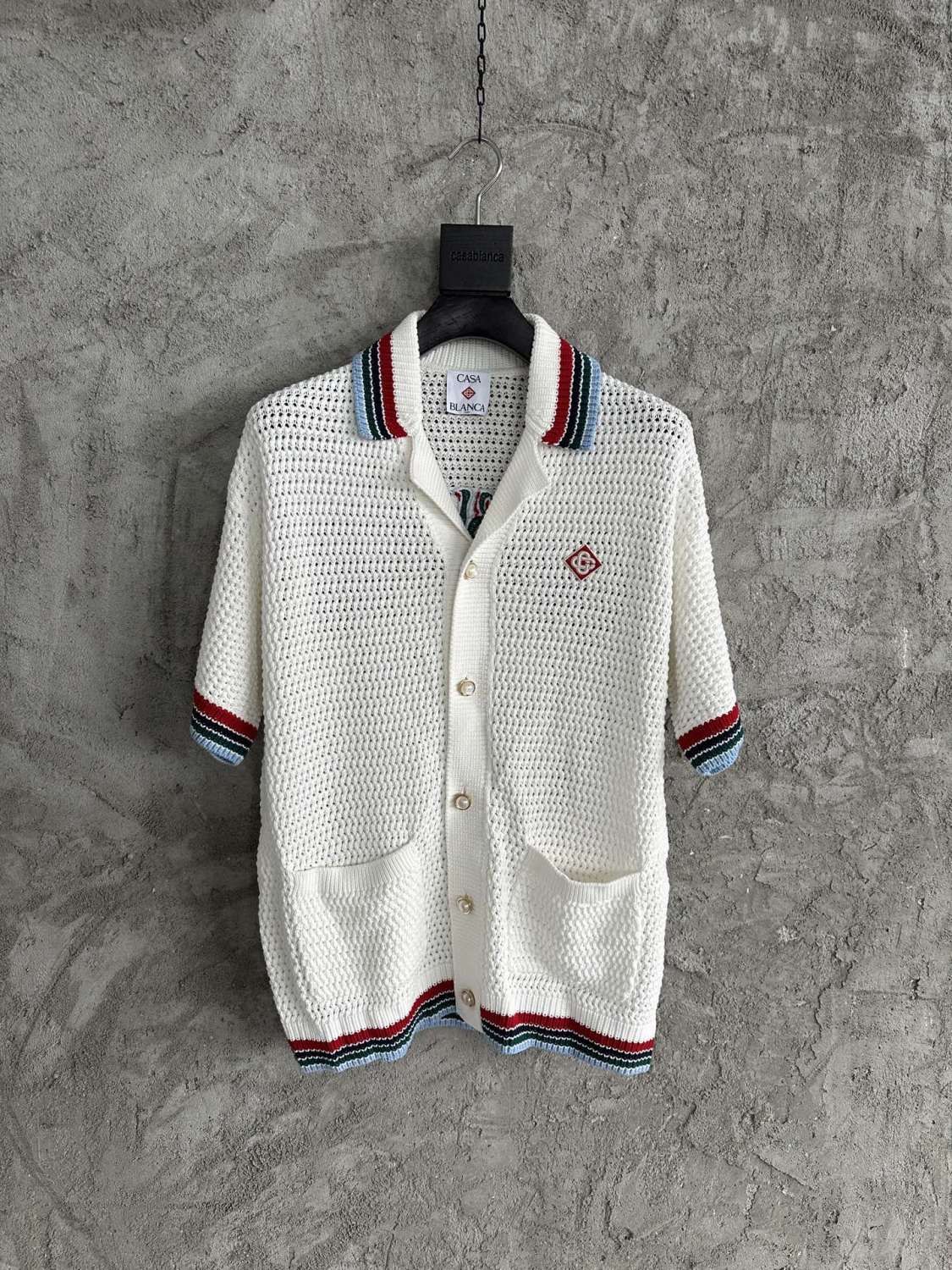 Casablanca Men's Summer Solid Color Skeleton Knit Breathable Single Breasted Short Sleeved Shirt Drawstring Tie Casual Knit Shorts Suit Set #76351