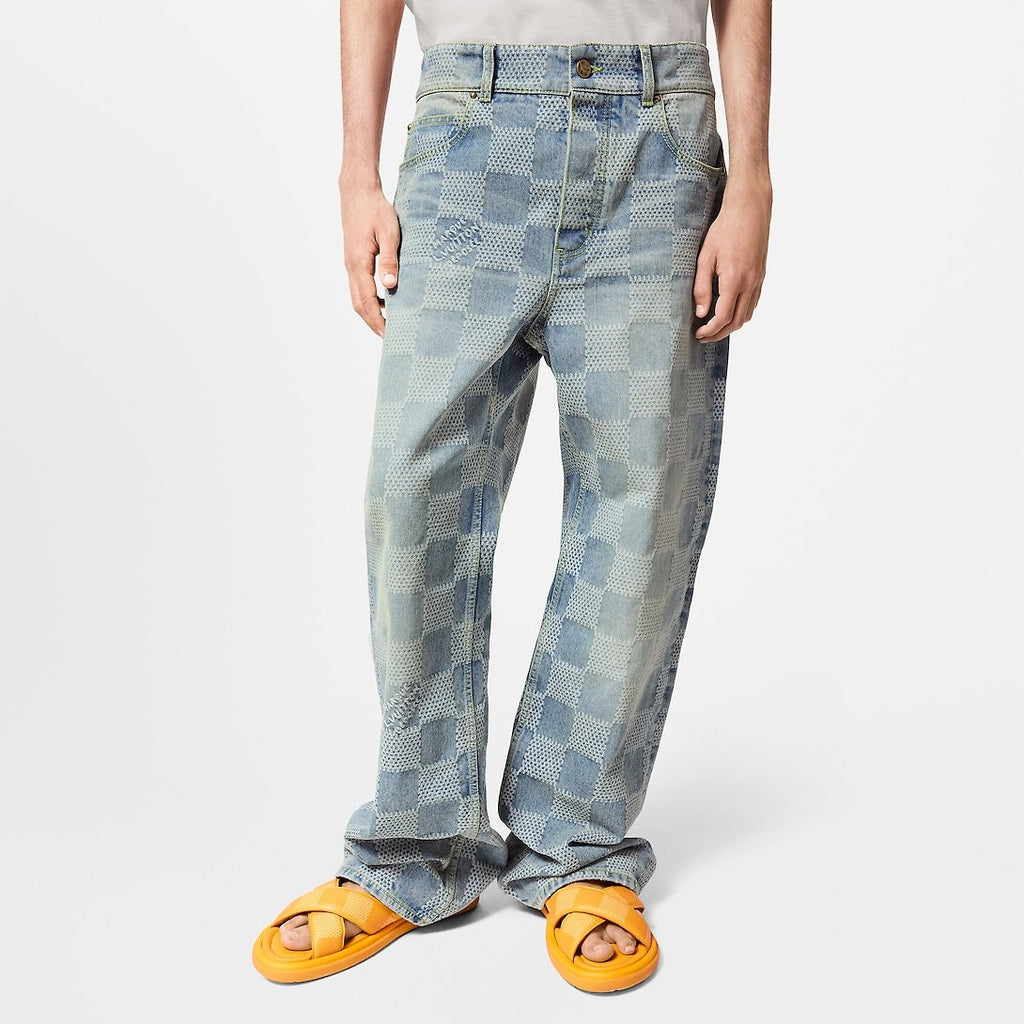 Louis Vuitton Men's Spring And Fall Jacquard Single-Breasted Lapel Long-Sleeved Faux Crystal Damier Denim Jacket Plaid Printed Straight Denim Pants Ngvp #9383