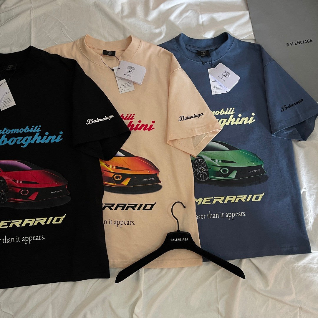 Balenciaga x Lamborghini Men's And Women's Summer Car Printing Round Neck Cotton Short Sleeve T-Shirt #71838