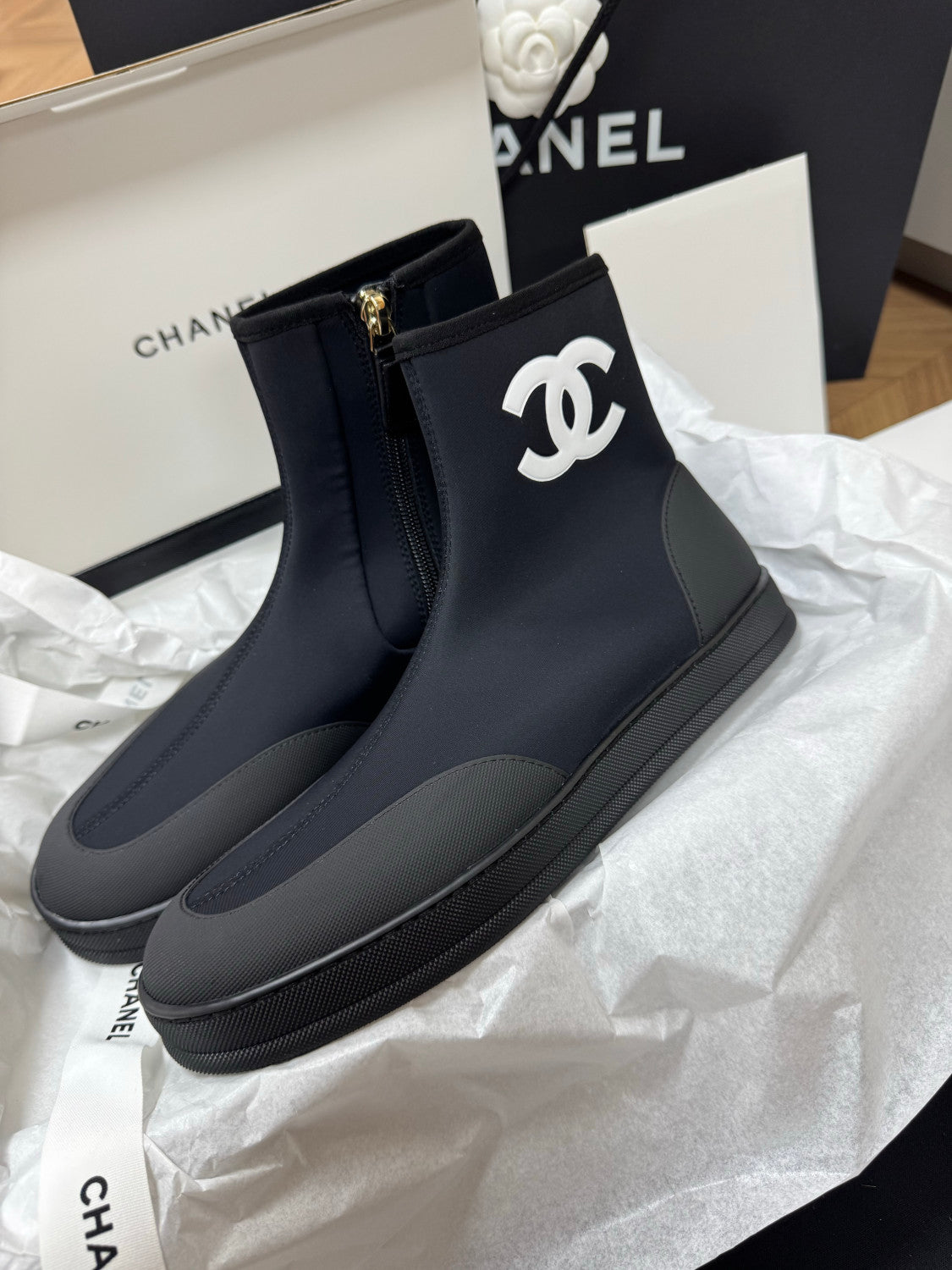 CHANEL Short Boots Mixed Fibers Rubber Beige Black #387573