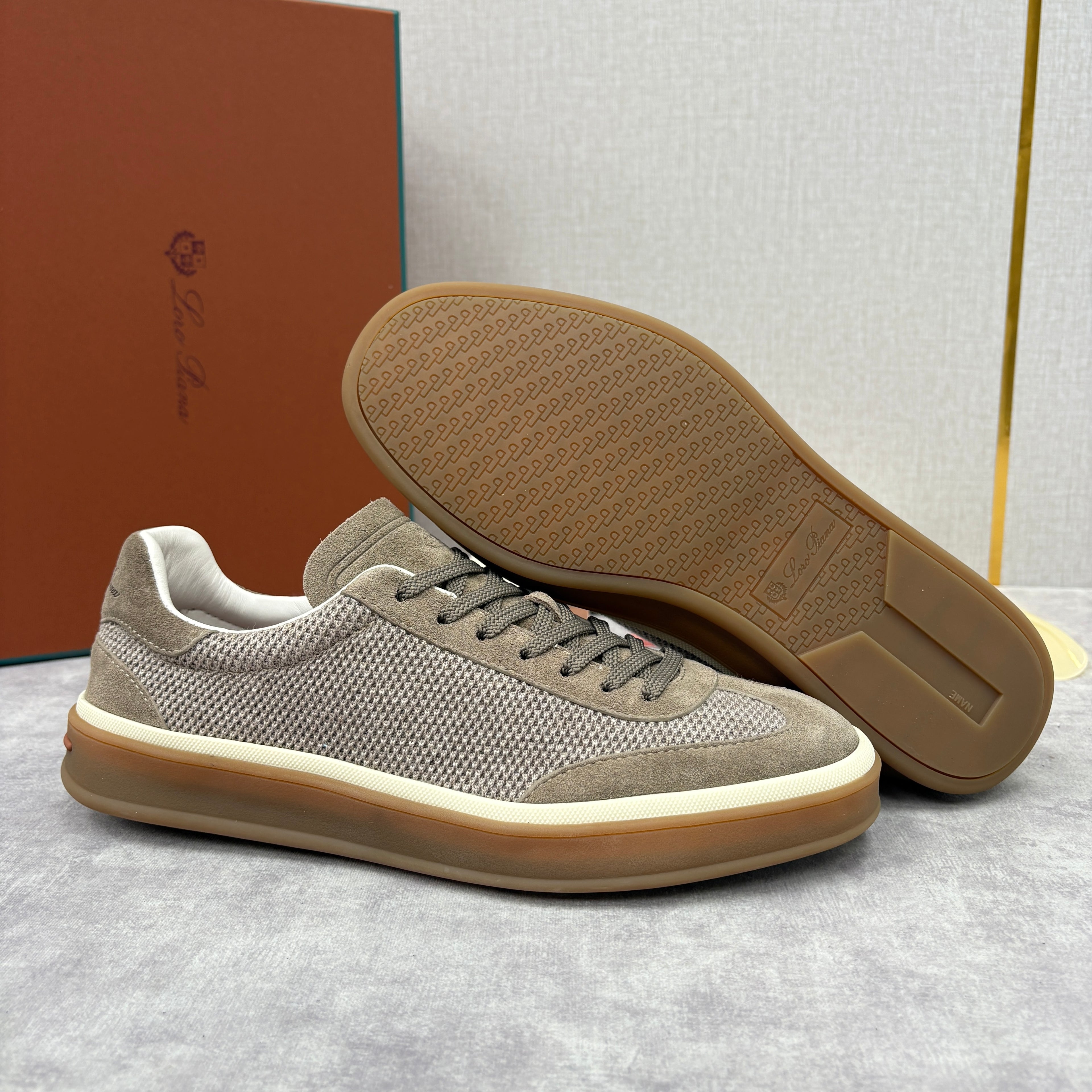 Loro Piana Men's Spring/Fall Fashion Casual Round Toe Lace Up Low Top Leather Patch Sneakers Breathable Mesh Patch Fabric Casual Shoes #79242