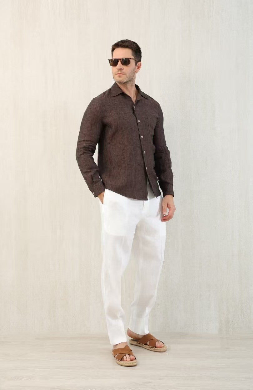 Brunello Cucinelli Men's Linen Easy Fit Shirt with Camp Collar and Chest Pocket Spring And Autumn Solid Color Long Sleeve Top Ngvp #1455