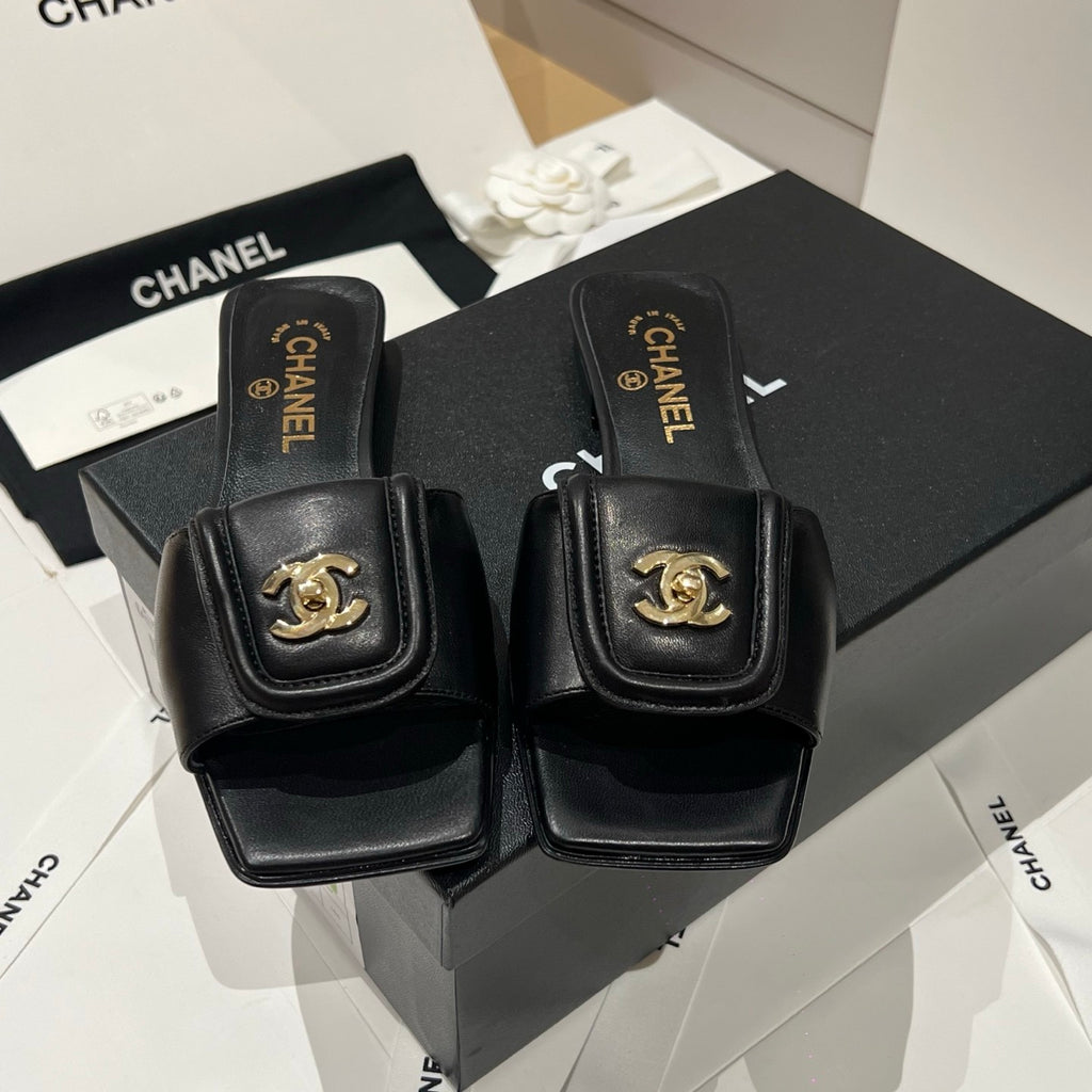 Chanel Gold Lock Square Toe Slippers #379298