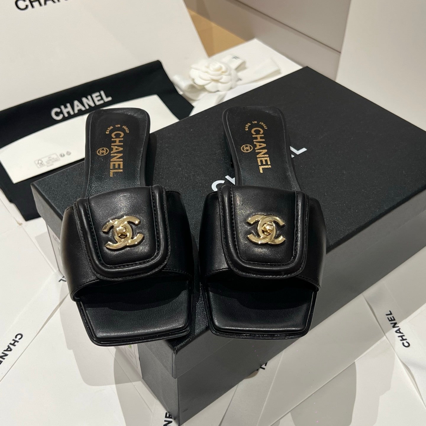 Chanel Gold Lock Square Toe Slippers #379298