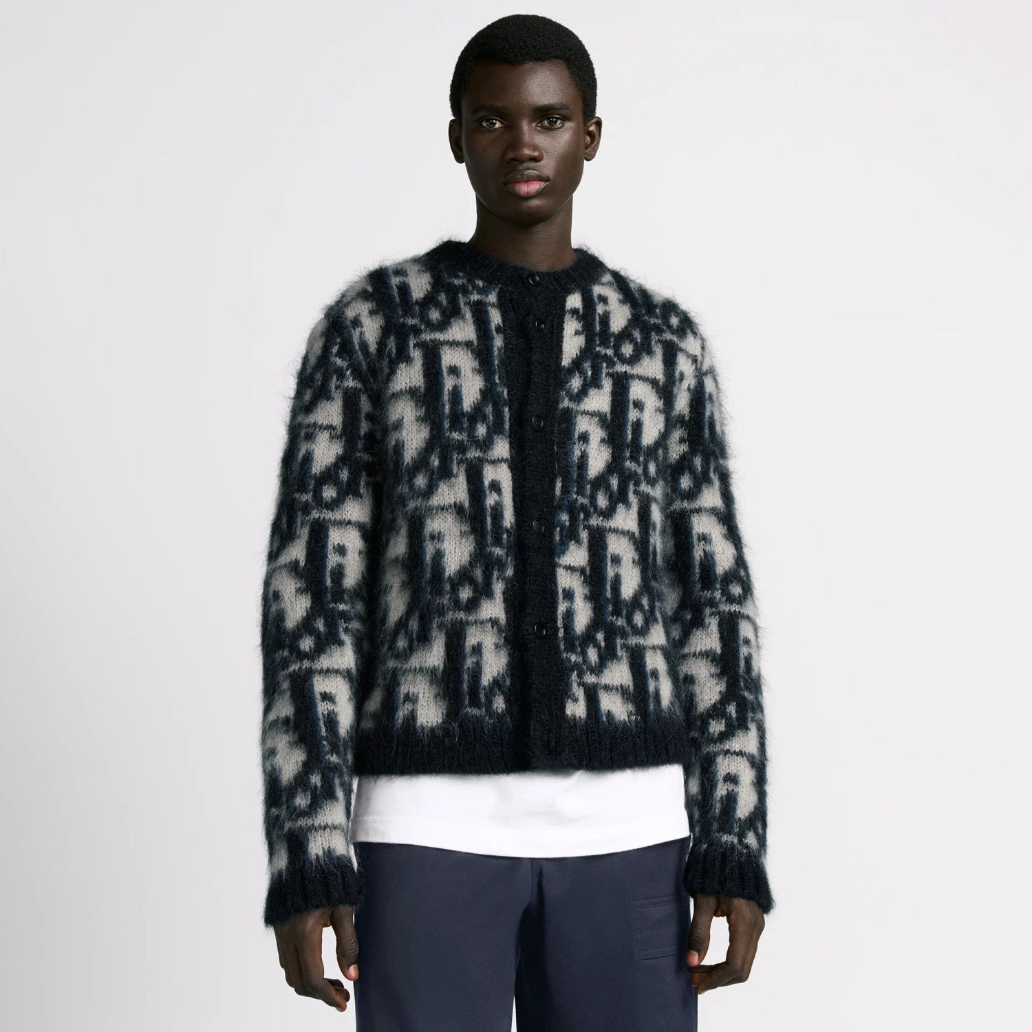 Dior Men's Spring And Fall Letters Full Print Round Neck Mohair Single Breasted Long Sleeve Knit Jacket #75119