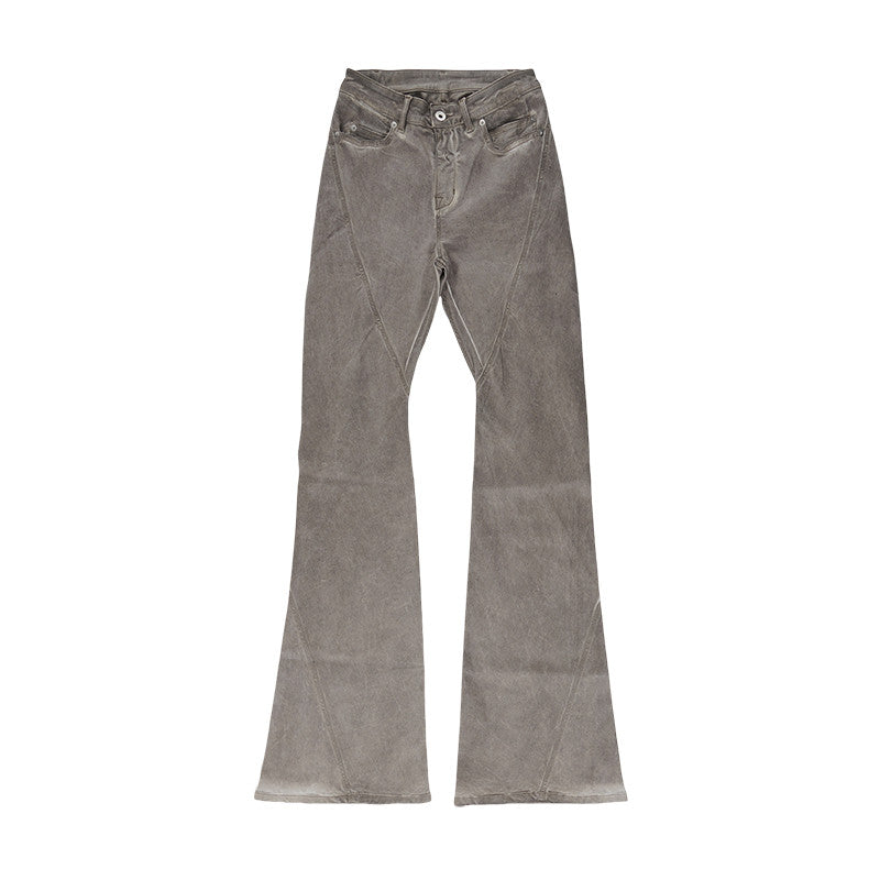 Rick Owens Men's Spring And Fall Do Old Desert Color Washed Flare Wide-leg Denim Pants Skinny Stacked Drag Ground Pleated Cat Whiskers Waste Soil Jeans Ngvp #2415