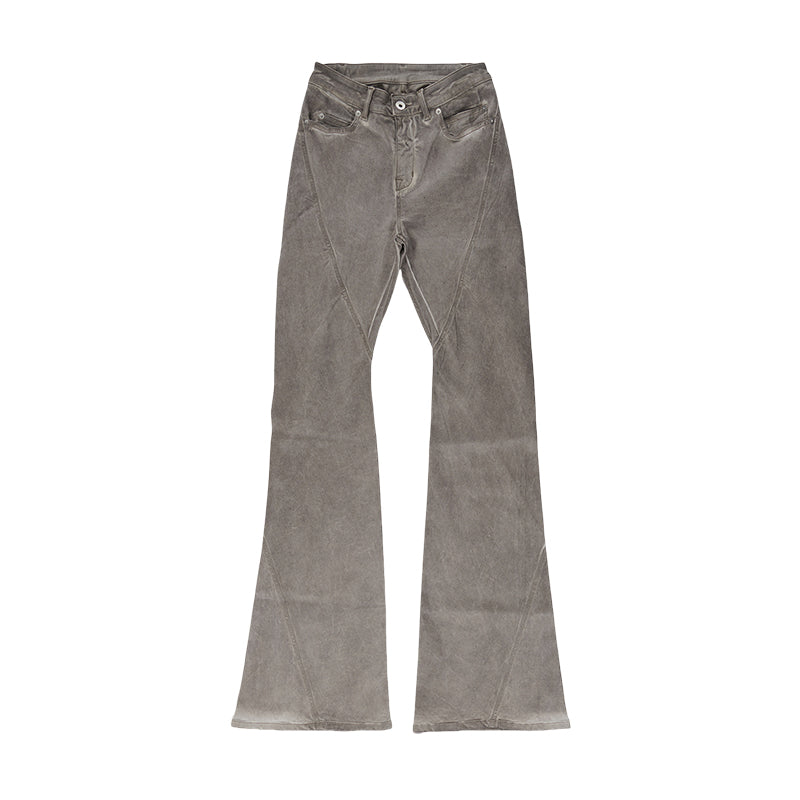 Rick Owens Men's Spring And Fall Do Old Desert Color Washed Flare Wide-leg Denim Pants Skinny Stacked Drag Ground Pleated Cat Whiskers Waste Soil Jeans Ngvp #2415