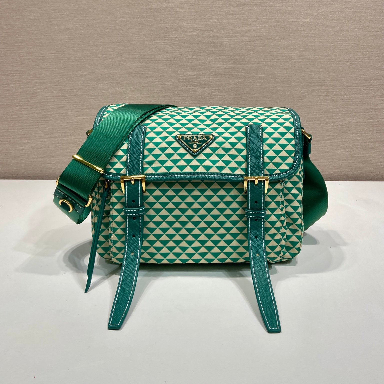 Prada Women's Monogram Printed Classic Triangle Logo Recycled Nylon with Cow Leather Shoulder Bag Bags #75665