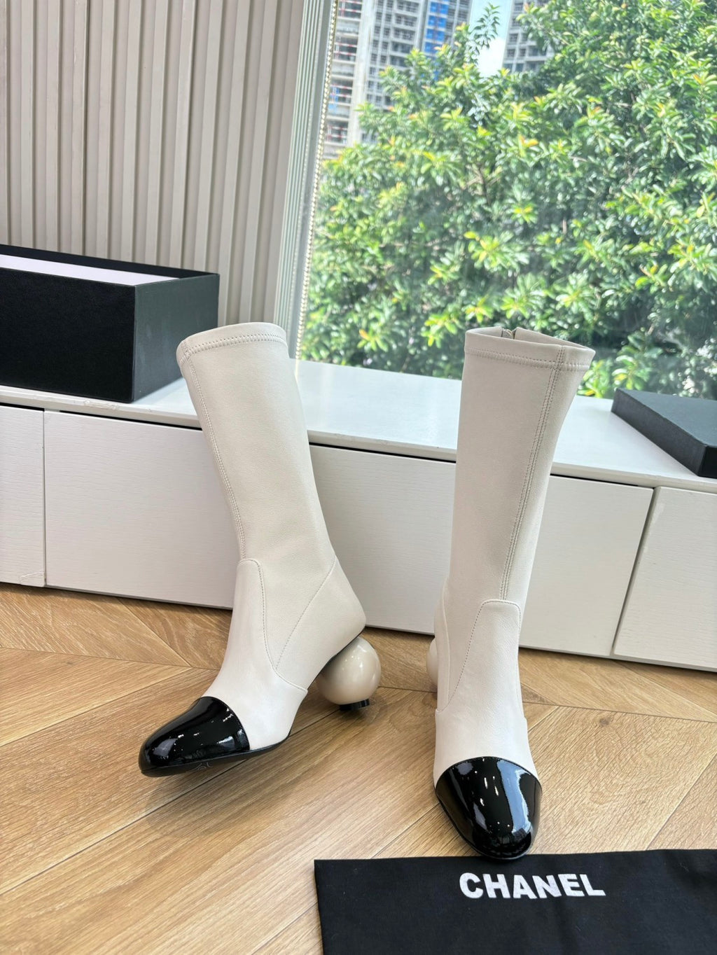 Chanel Women's Fall/winter Fashion Classic Round Toe Sheepskin Double C Oversized Pearl Heel Stretch Mid Calf Boots Long Boots Shoes #78546