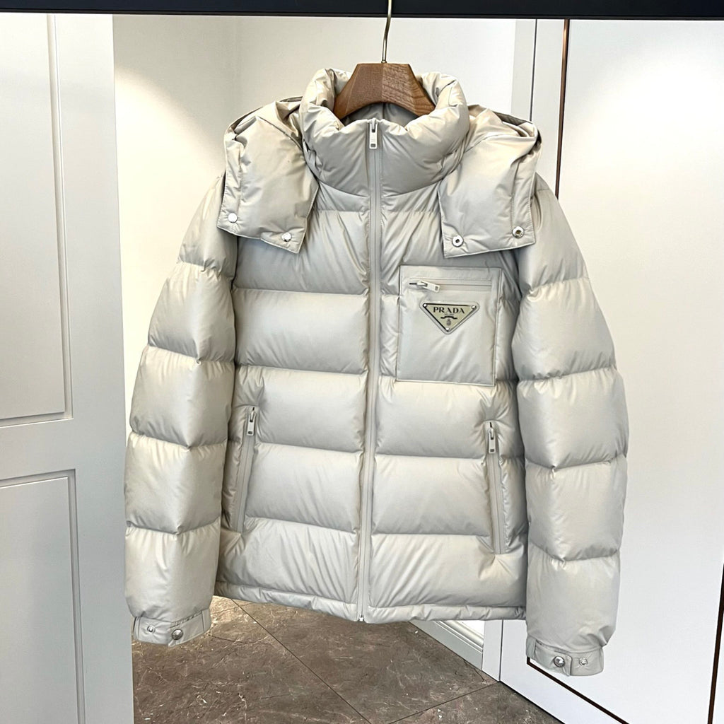 Prada Men's Autumn and Winter Solid Color Detachable Hood Zipper Long Sleeve Down Jacket #74319