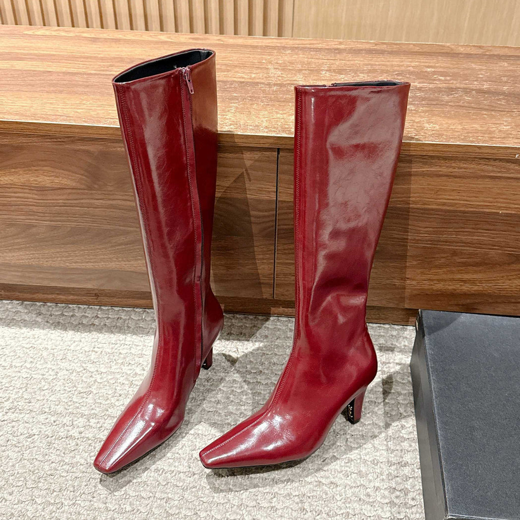 SAINT LAURENT Women's Pointed Cat Heel Long Short Red Black Boots Fashion Temperament Elegant Sexy Zipper Short Boots Shoes Ngvp #2185