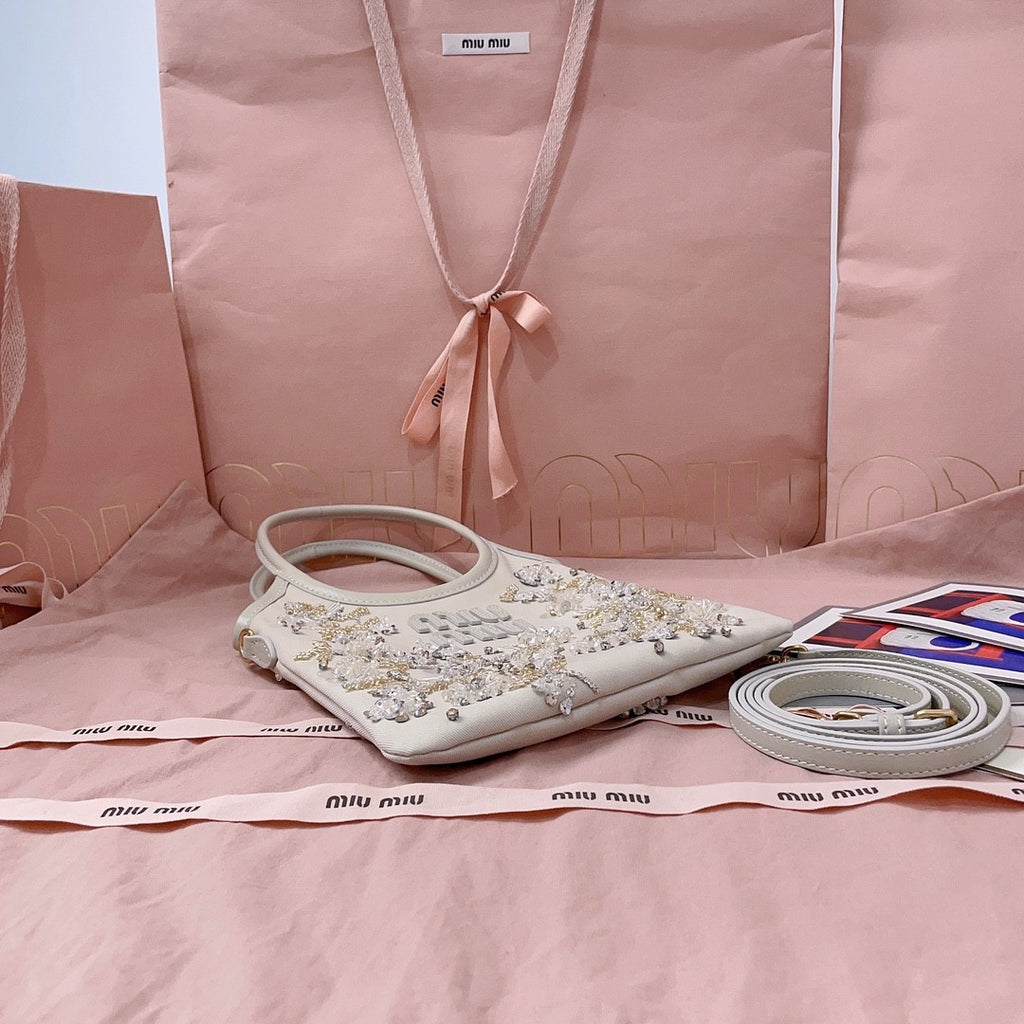 MiuMiu IVY Women's Solid Colour Floral Embroidery Steel Hardware Accessories Cotton Shoulder Crossbody Handbag Bag Bags #76742