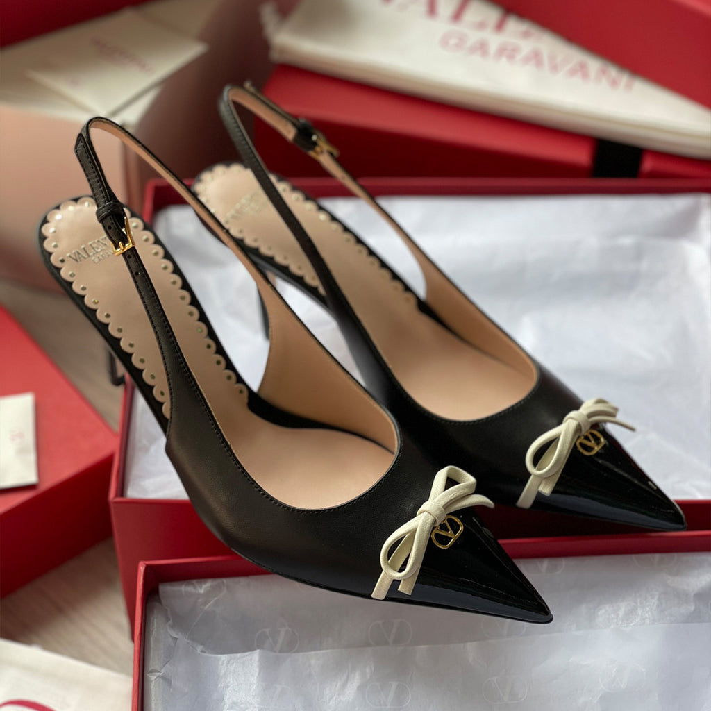 Valentino Bepointy Slingback Pump In Patent Leather And Kidskin Bow V-mark Shoes Fashionable Elegant Exquisite Luxurious Small High Heels 4cm 8cm Ngvp #2246