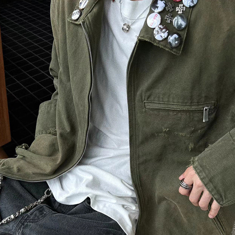 Enfants Riches Deprimes Men's Women's Spring And Autumn Lapel Faded Old Badge Solid Color Loose Long Sleeve Workwear Jacket Ngvp #9338