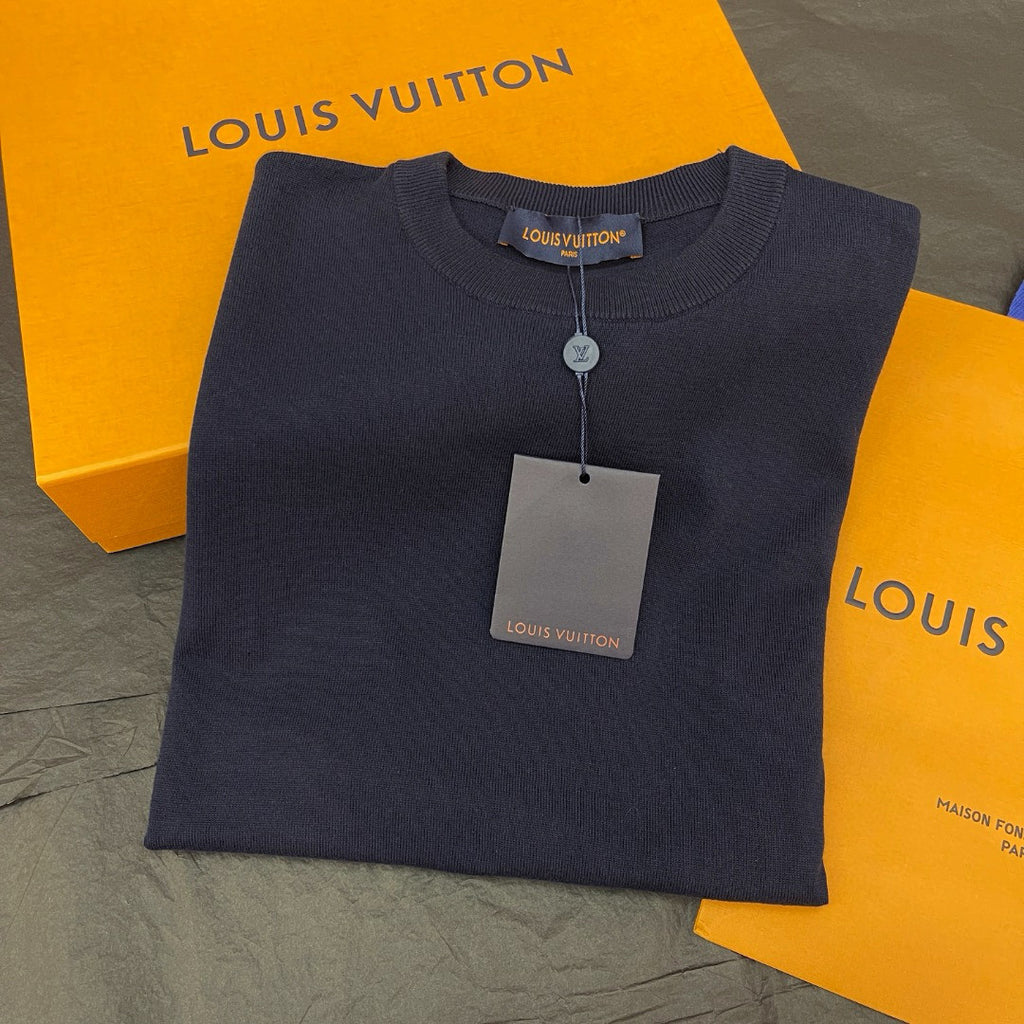 Louis Vuitton Men's Summer Letter Jacquard Pattern Navy Round Neck Cotton Short Sleeve T-Shirt #97886