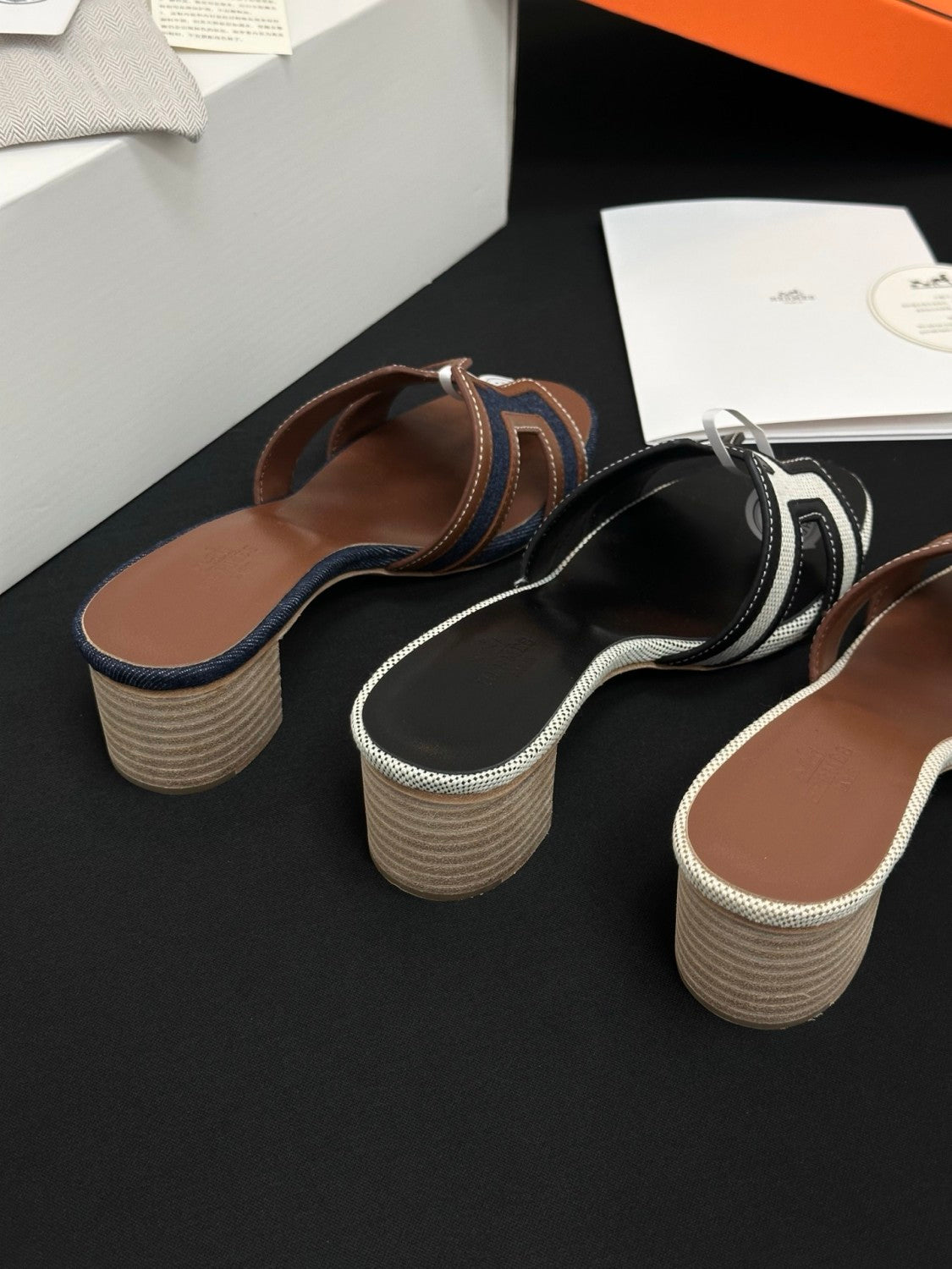 Hermès High-heeled Denim Patchwork Slippers #385101