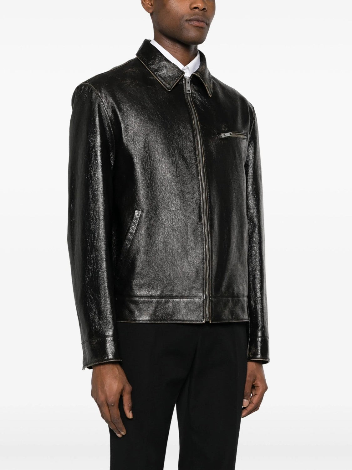 Prada Men's Autumn and Winter Solid Color Fit Lapel Zipper Long Sleeve Leather Jacket #73774