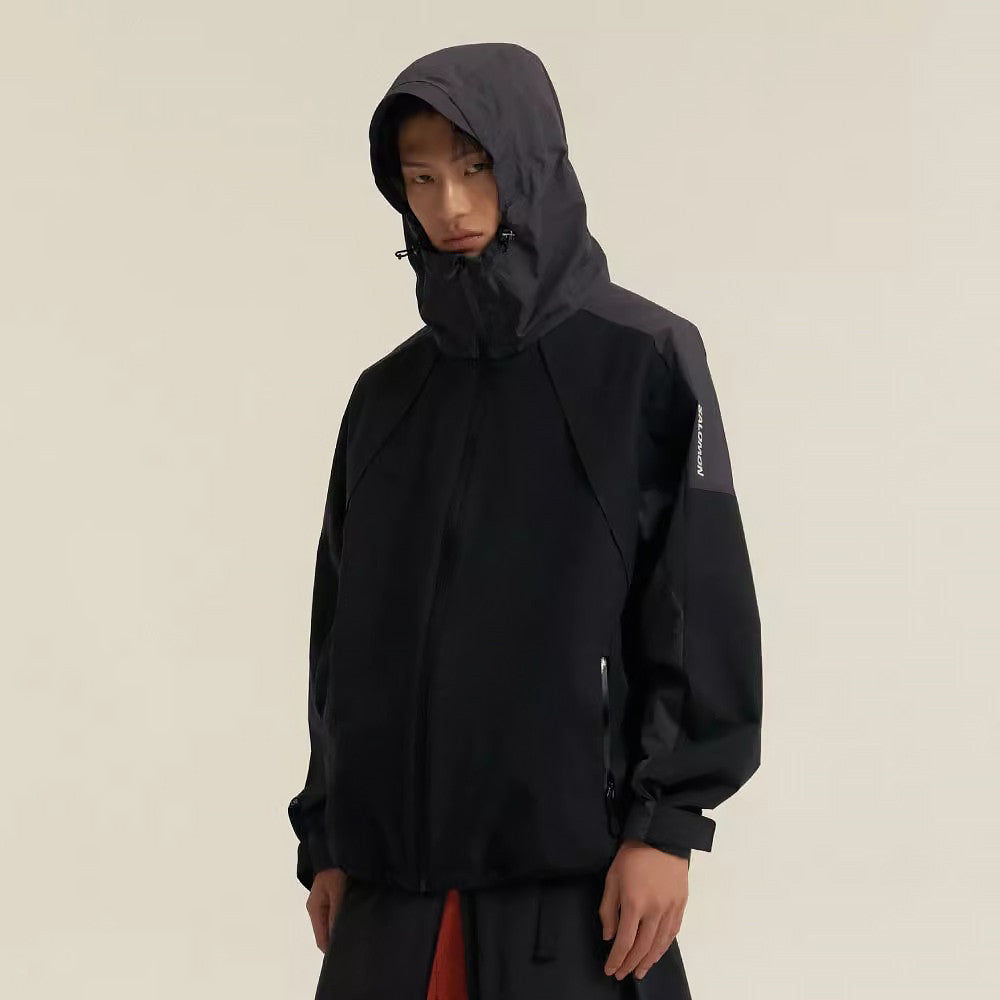 Salomon Men's Spring/Fall Zipper Solid-Color Patchwork Hooded Long-Sleeve Oversized Windbreaker Casual Jacket #81578